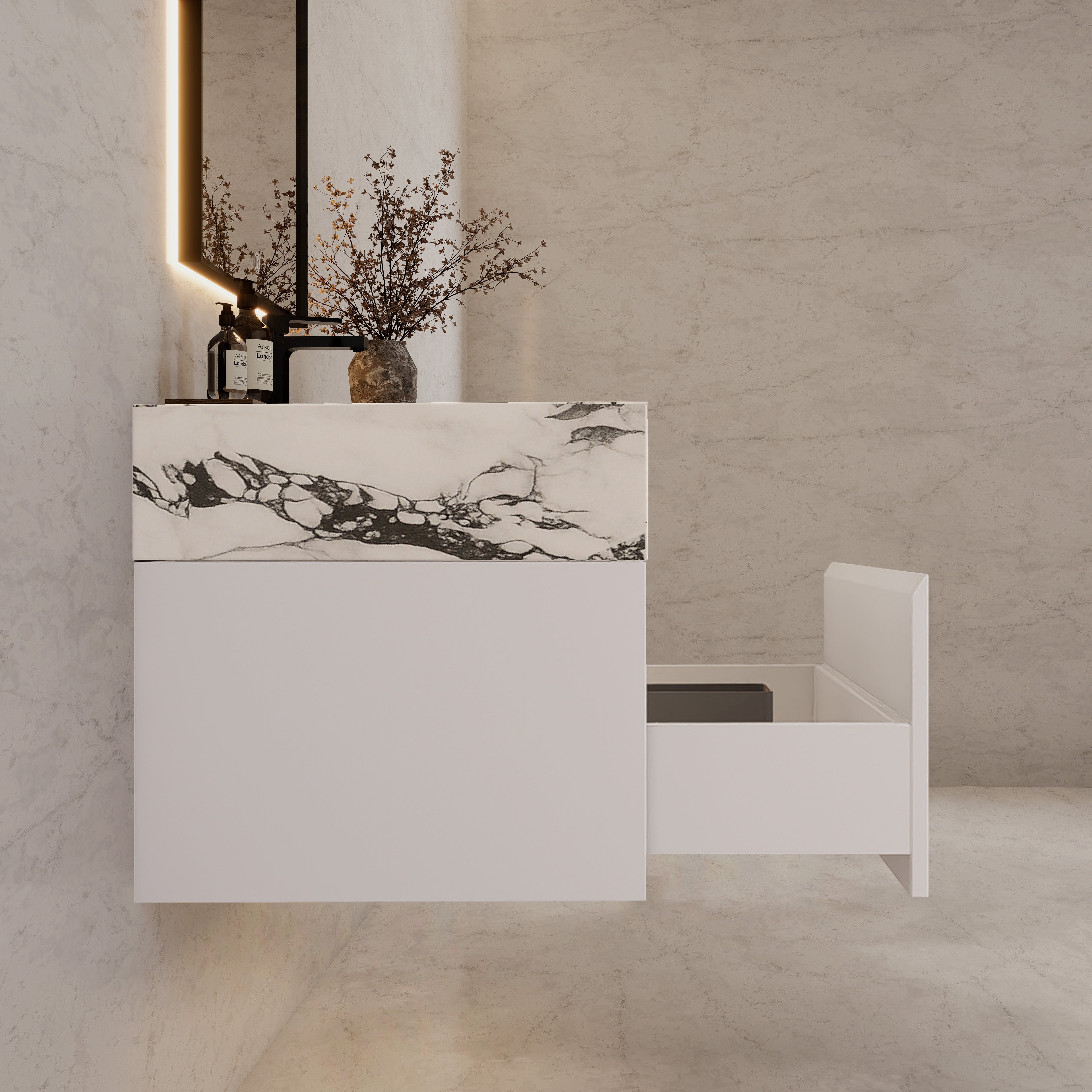 32"/ 36"/40" White Single Sink Floating Bathroom Vanity with Sintered Stone Top