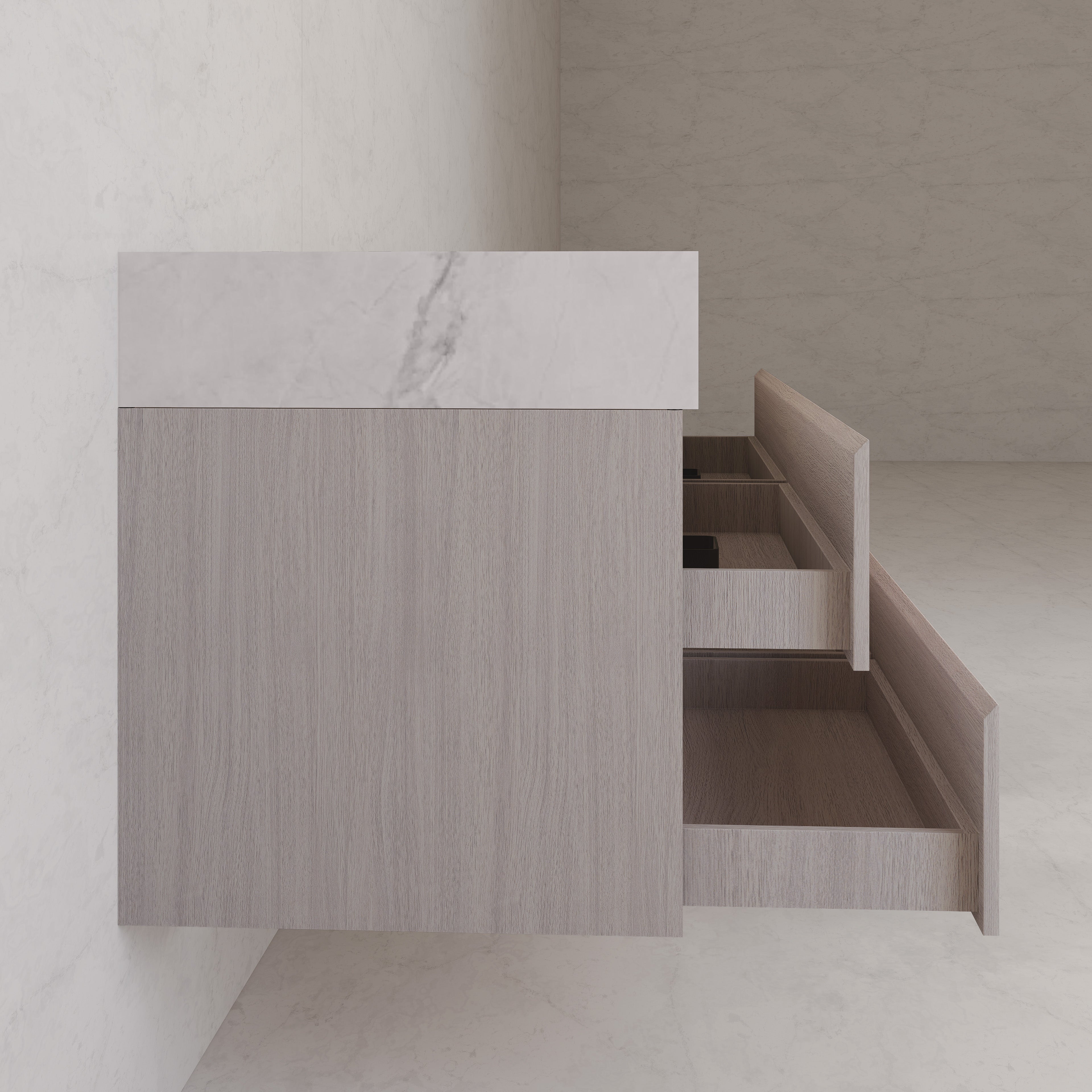 71"，60" White Grey Oak Double Sink Sintered Stone Top with Floating Bathroom Vanity
