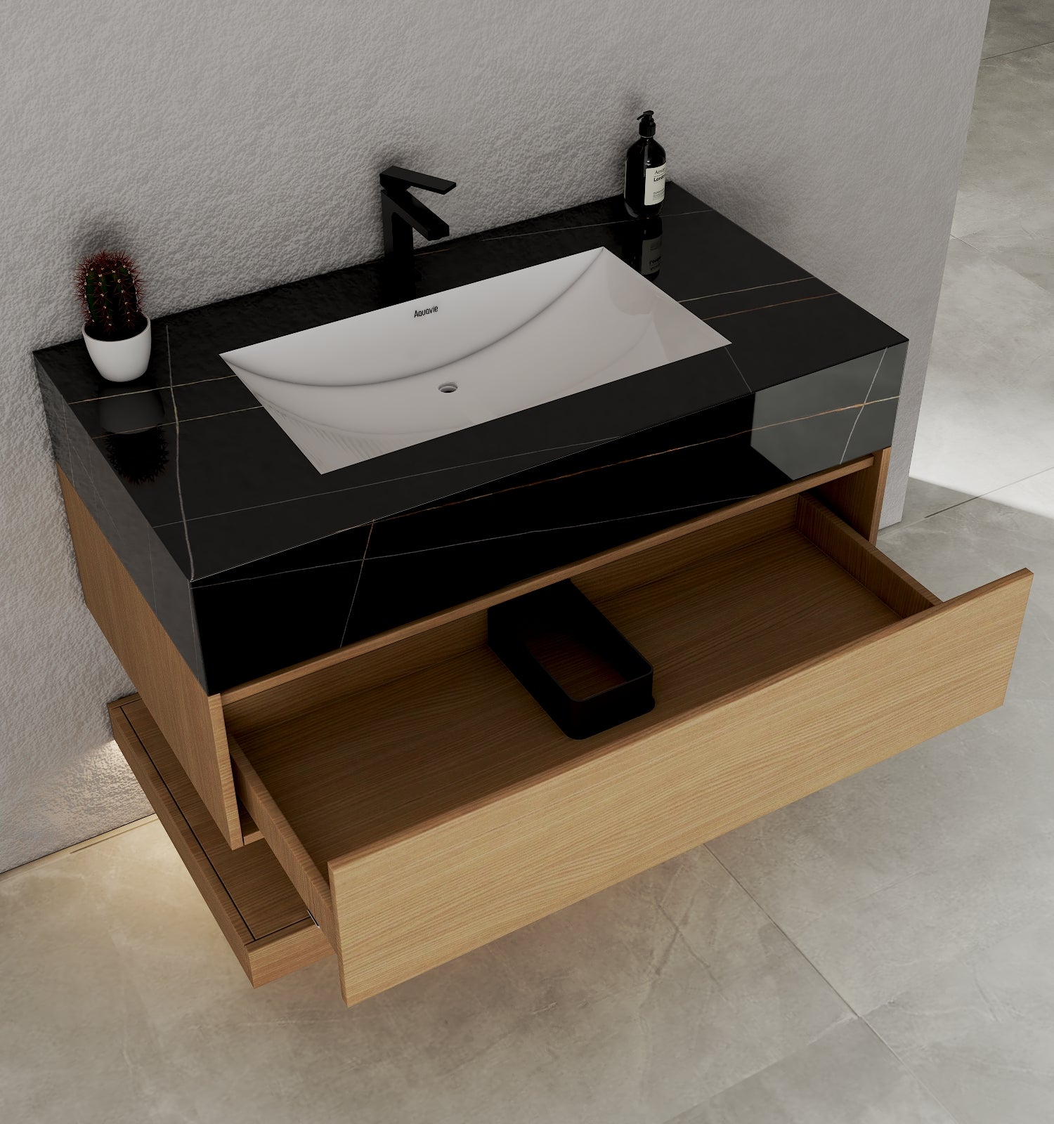 32", 36", 40" Nature Oak Hotel-Style Floating Bathroom Vanity With Sintered Stone Top