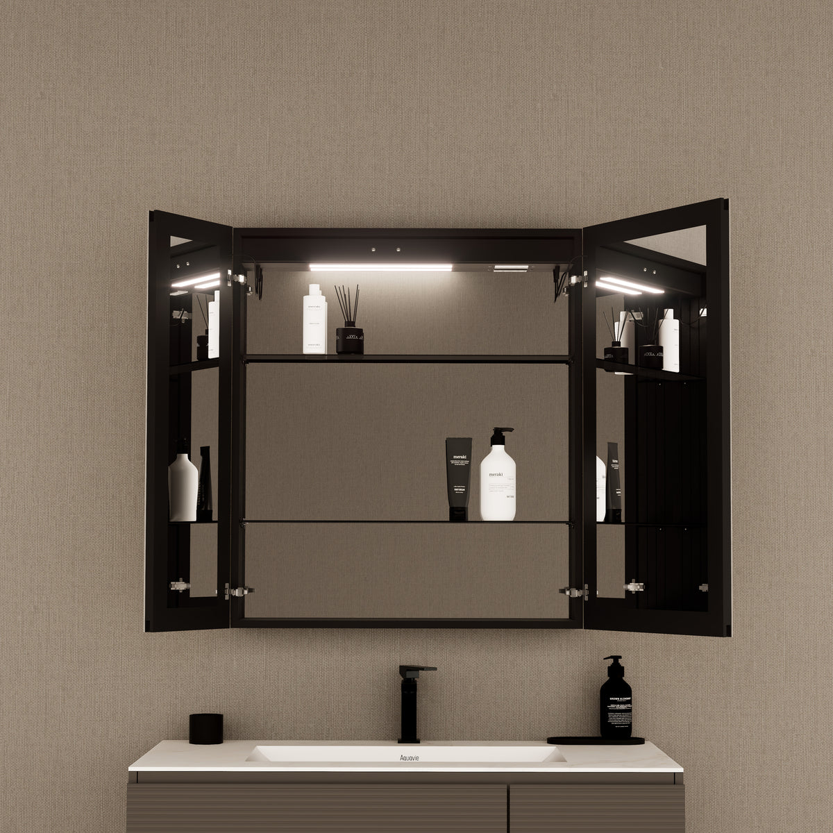 28" Aluminum LED Medicine Cabinet with BLUM Hinges, Interior Lighting & Glass Shelves