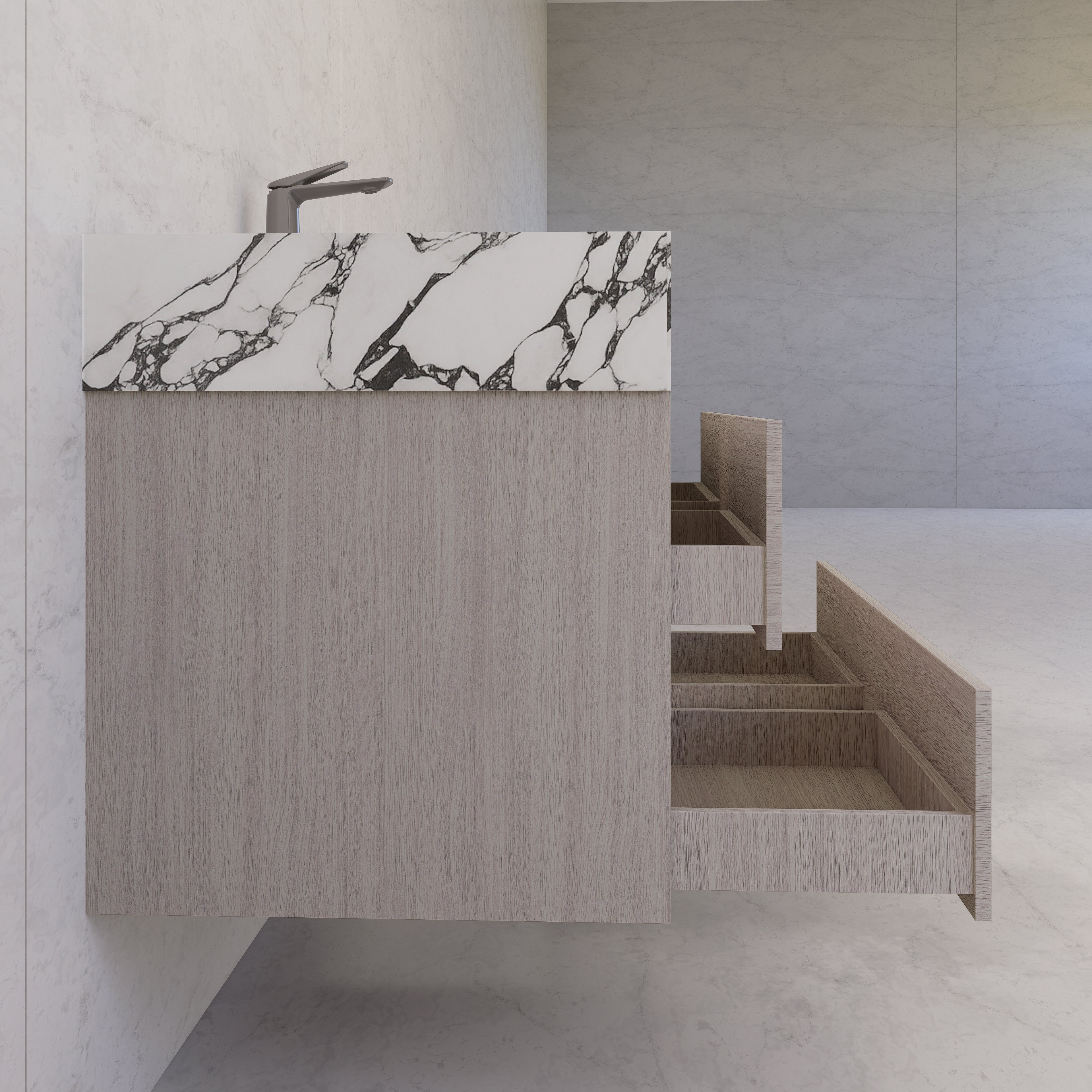 48"，60" White Grey Sintered Stone Top With Four Drawer Floating Bathroom Vanity