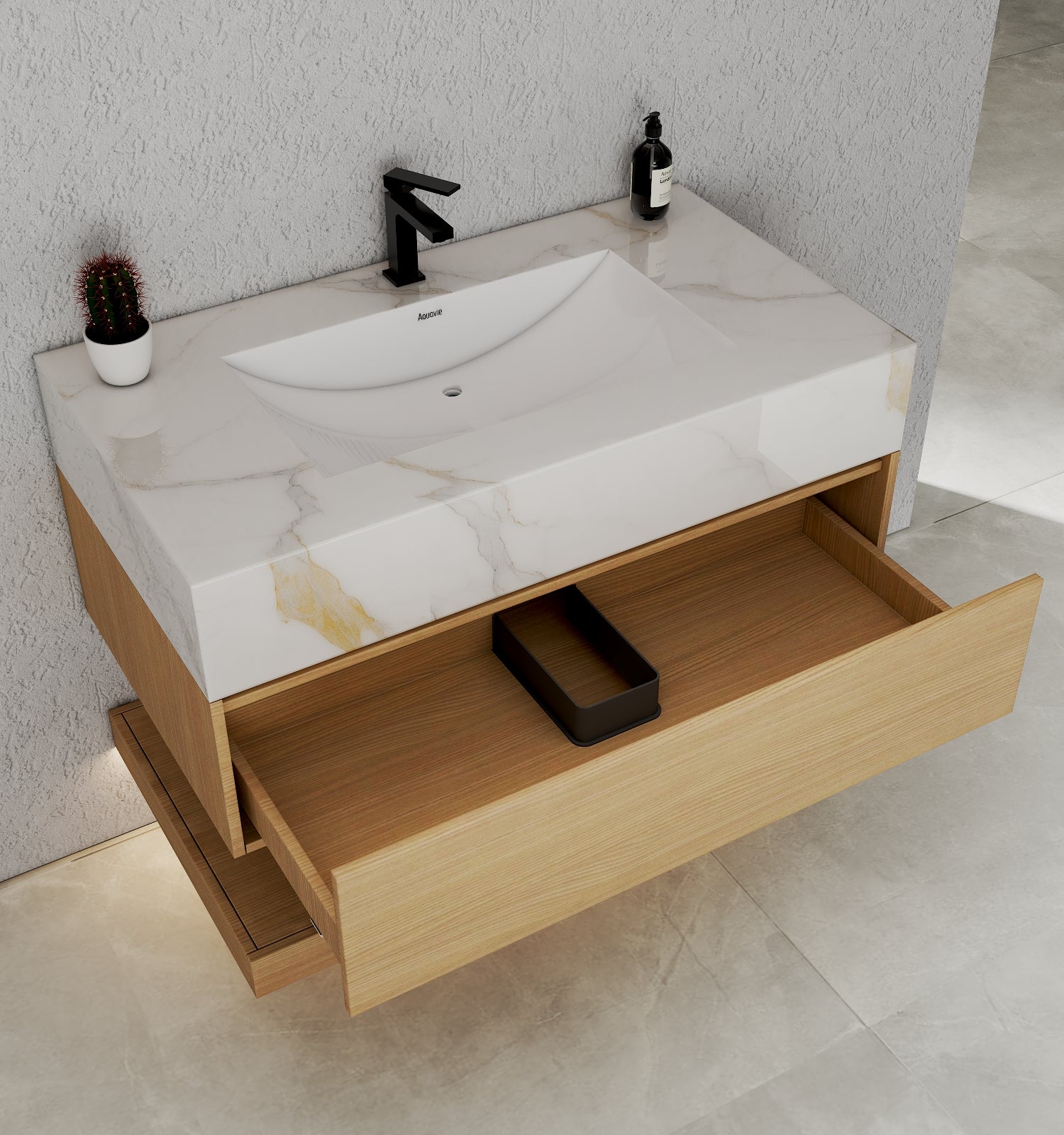 32", 36", 40" Nature Oak Hotel-Style Floating Bathroom Vanity With Sintered Stone Top