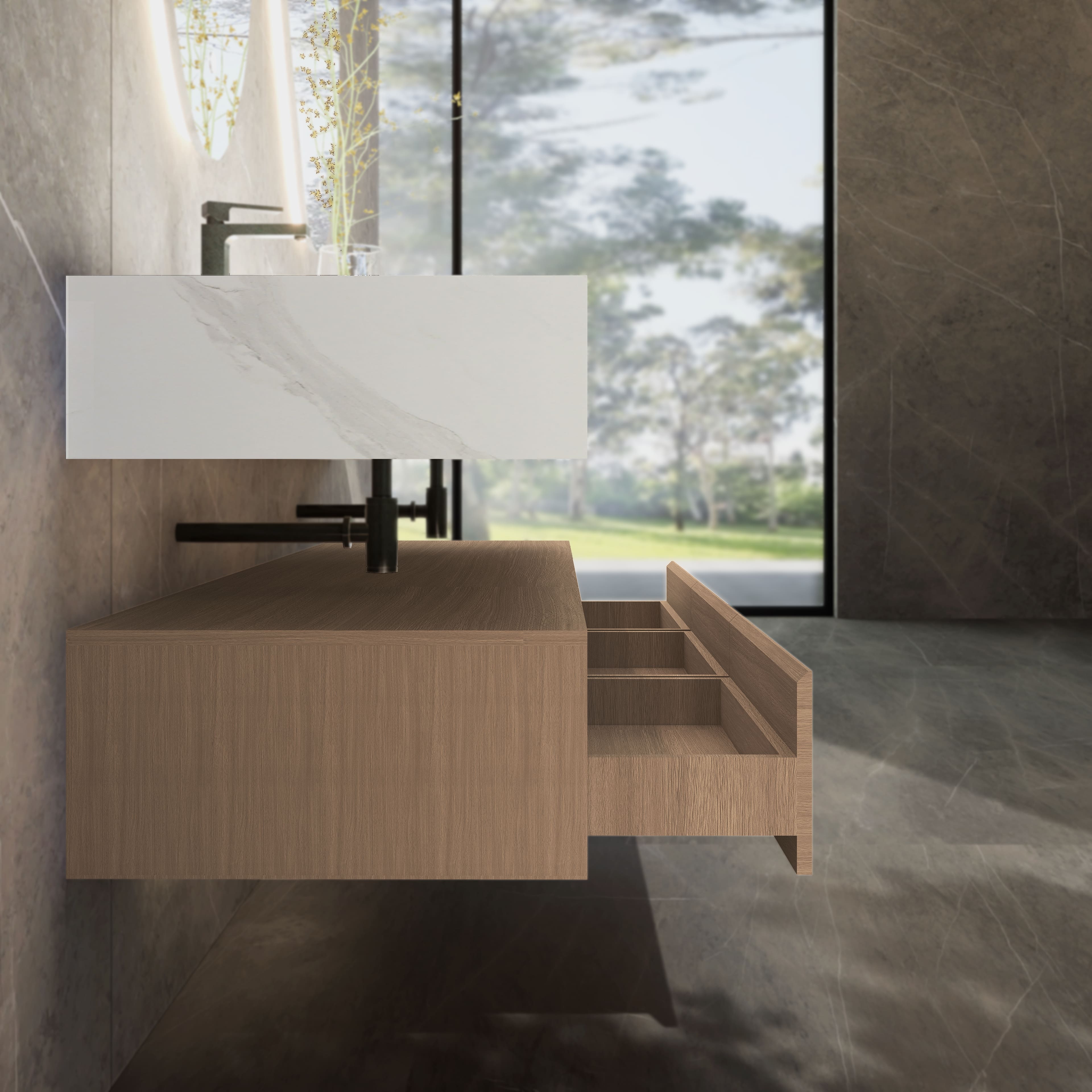 71" Wall Mount Bathroom Vanity - Stone Integrated Basin & Plywood Cabinet