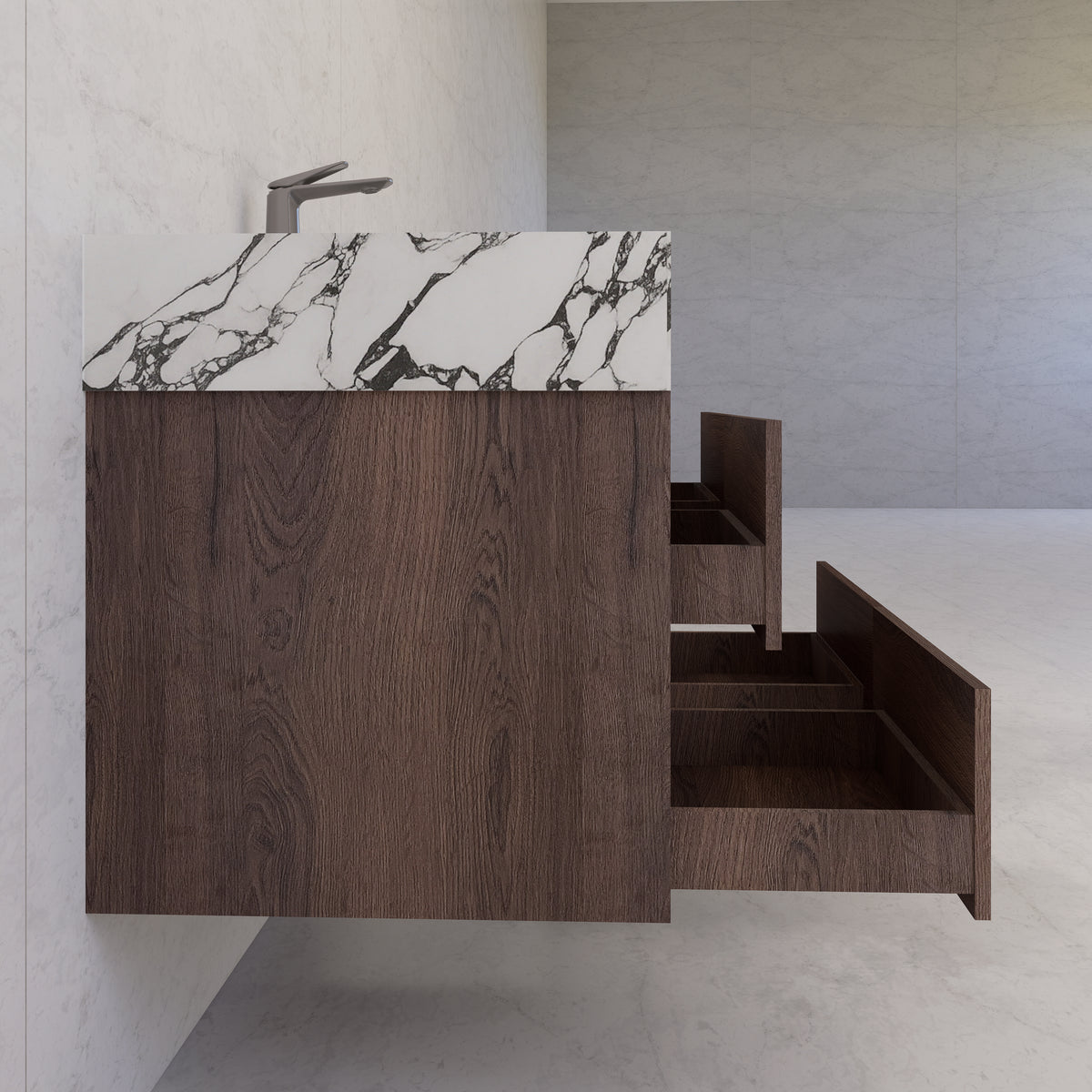 48"，60" Walnut Sintered Stone Top With Four Drawer Floating Bathroom Vanity