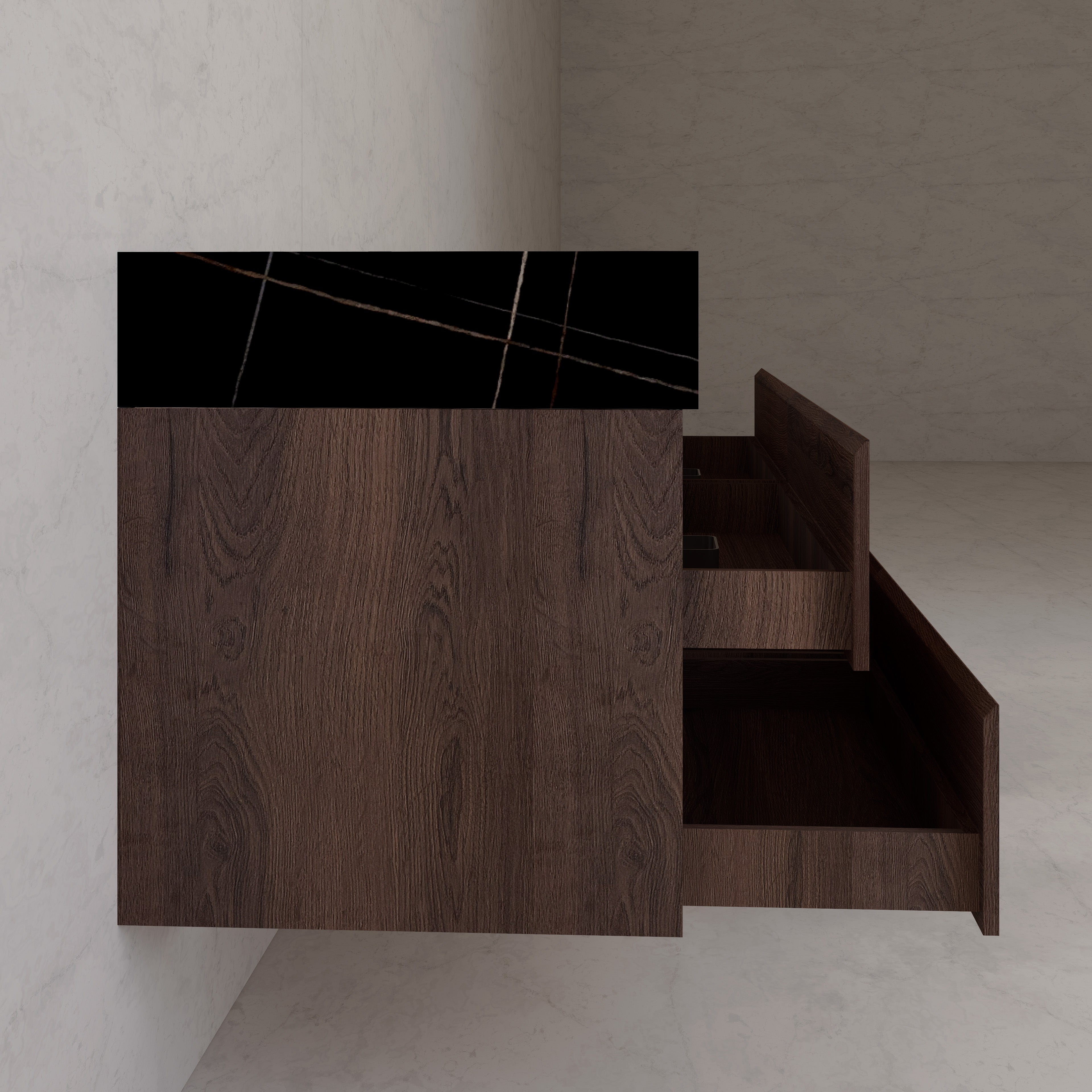 71"，60" Walnut Double Sink Sintered Stone Top with Elegant Floating Bathroom Vanity