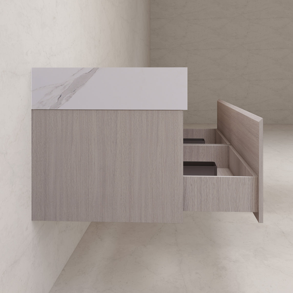 Tocador de baño flotante individual con cubierta de piedra de 60" / 71" de doble lavabo