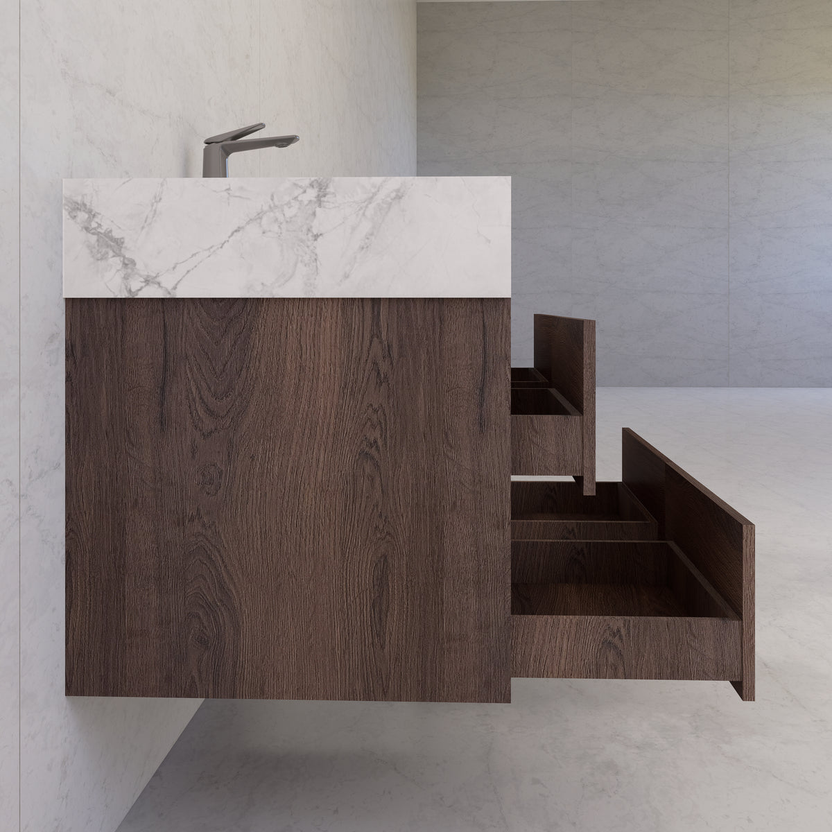 48"，60" Walnut Sintered Stone Top With Four Drawer Floating Bathroom Vanity