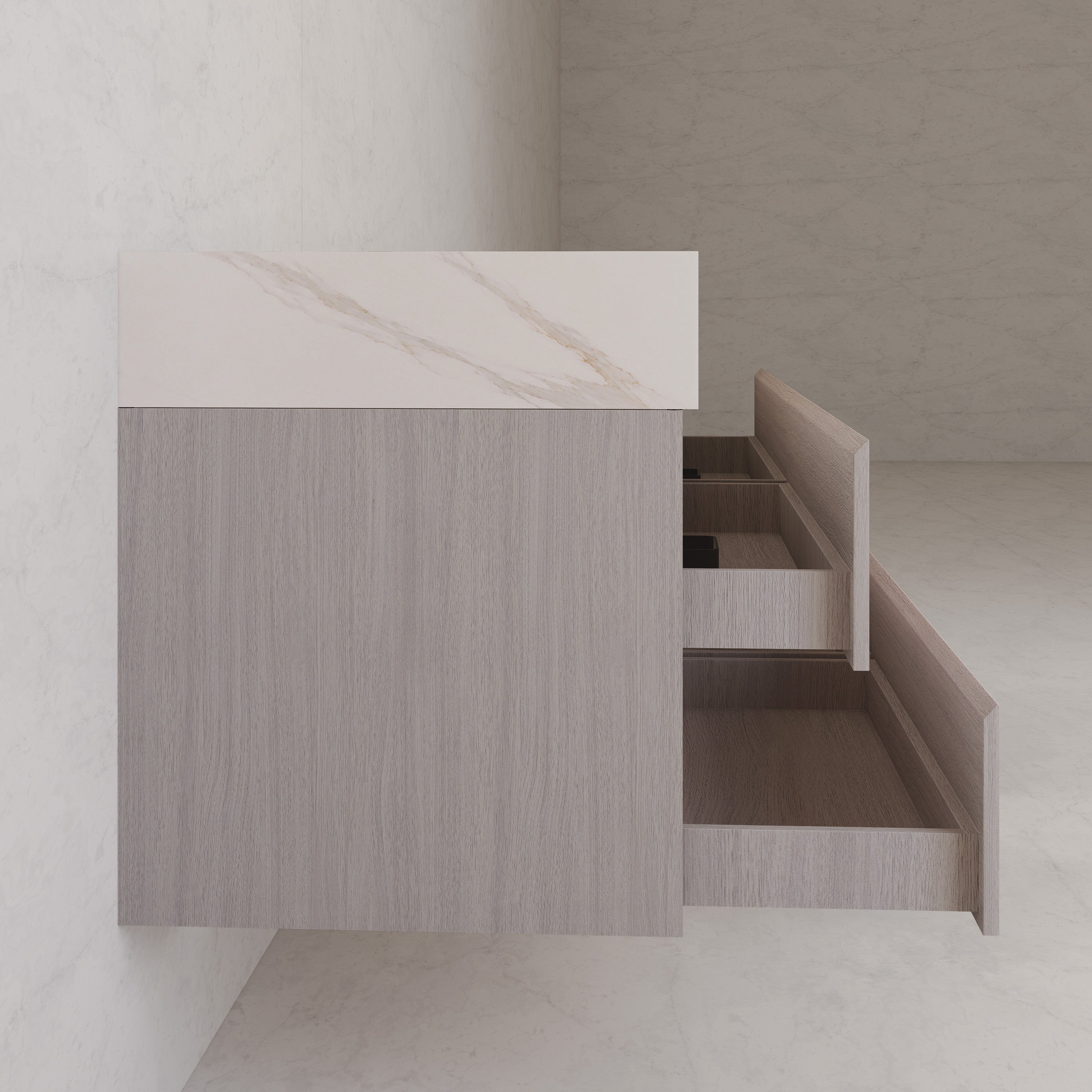 71"，60" White Grey Oak Double Sink Sintered Stone Top with Floating Bathroom Vanity