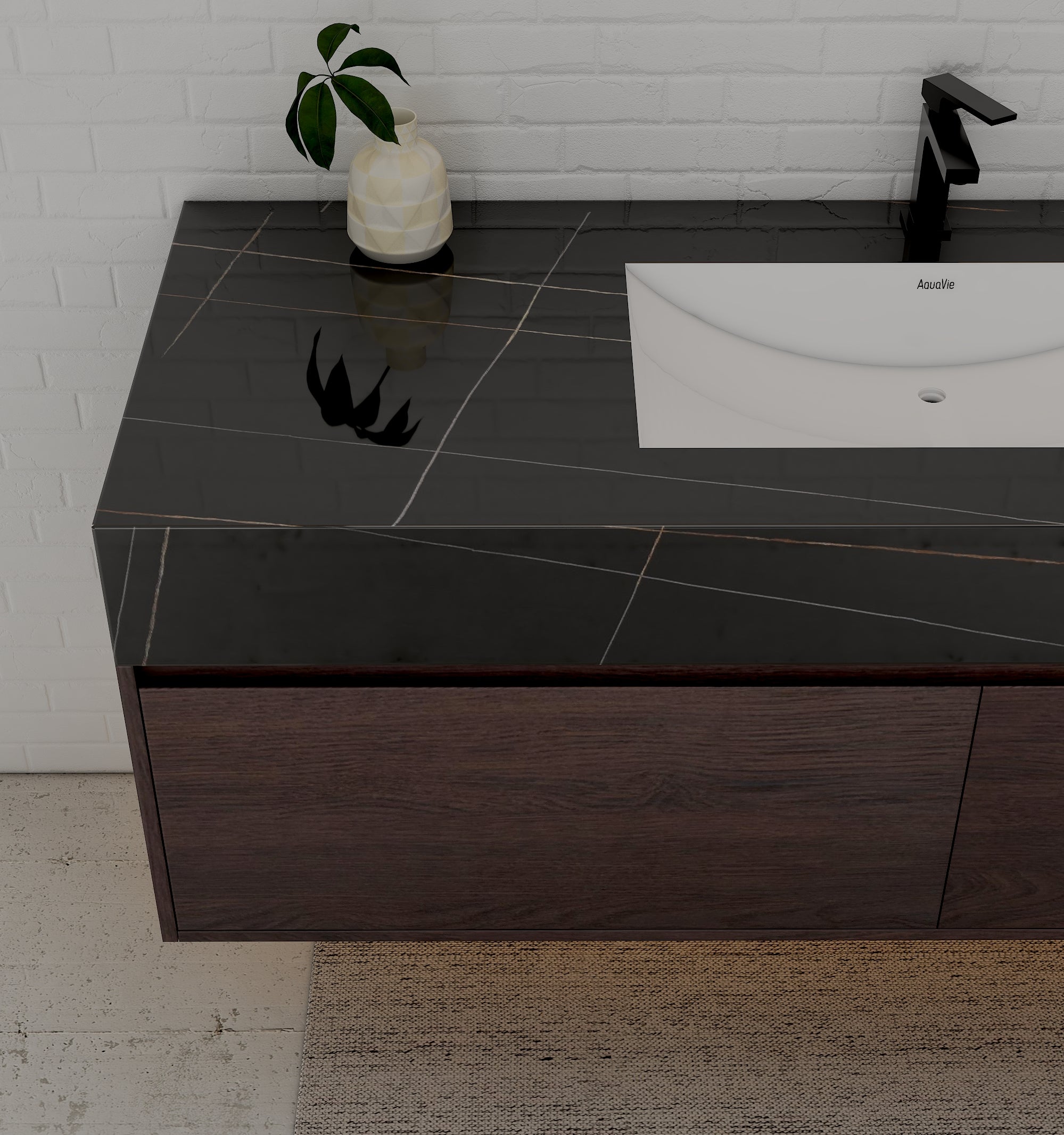 48", 60" Walnut Sintered Stone Top with Double Drawer Floating Bathroom Vanity