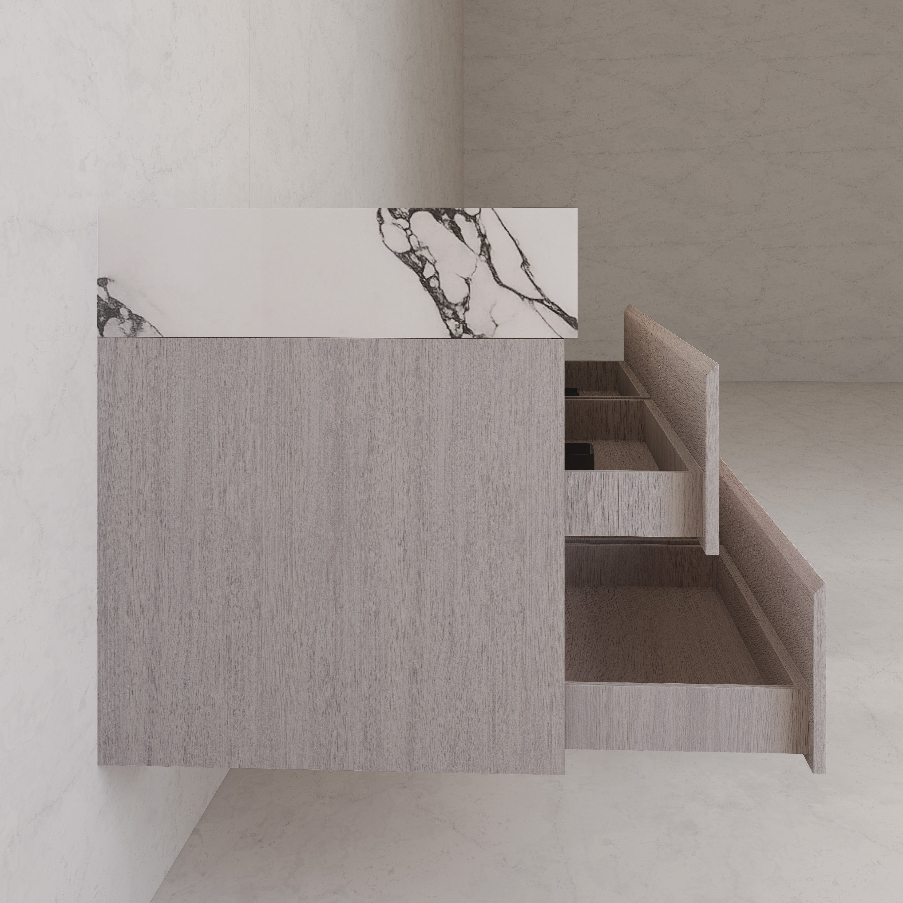 71"，60" White Grey Oak Double Sink Sintered Stone Top with Floating Bathroom Vanity