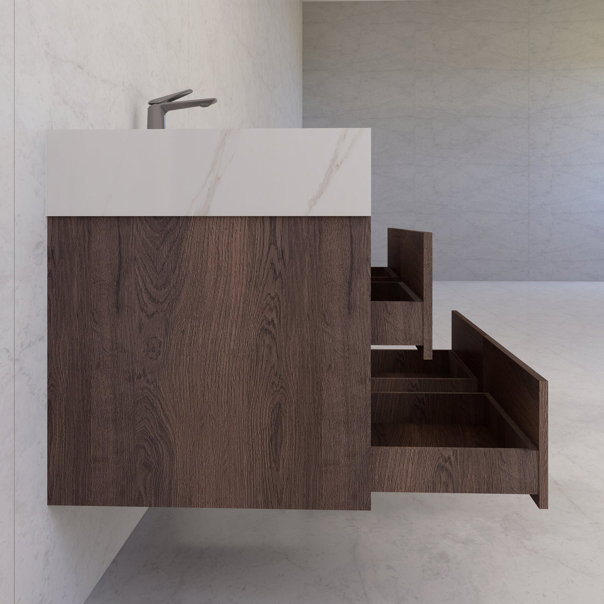 48"，60" Walnut Sintered Stone Top With Four Drawer Floating Bathroom Vanity