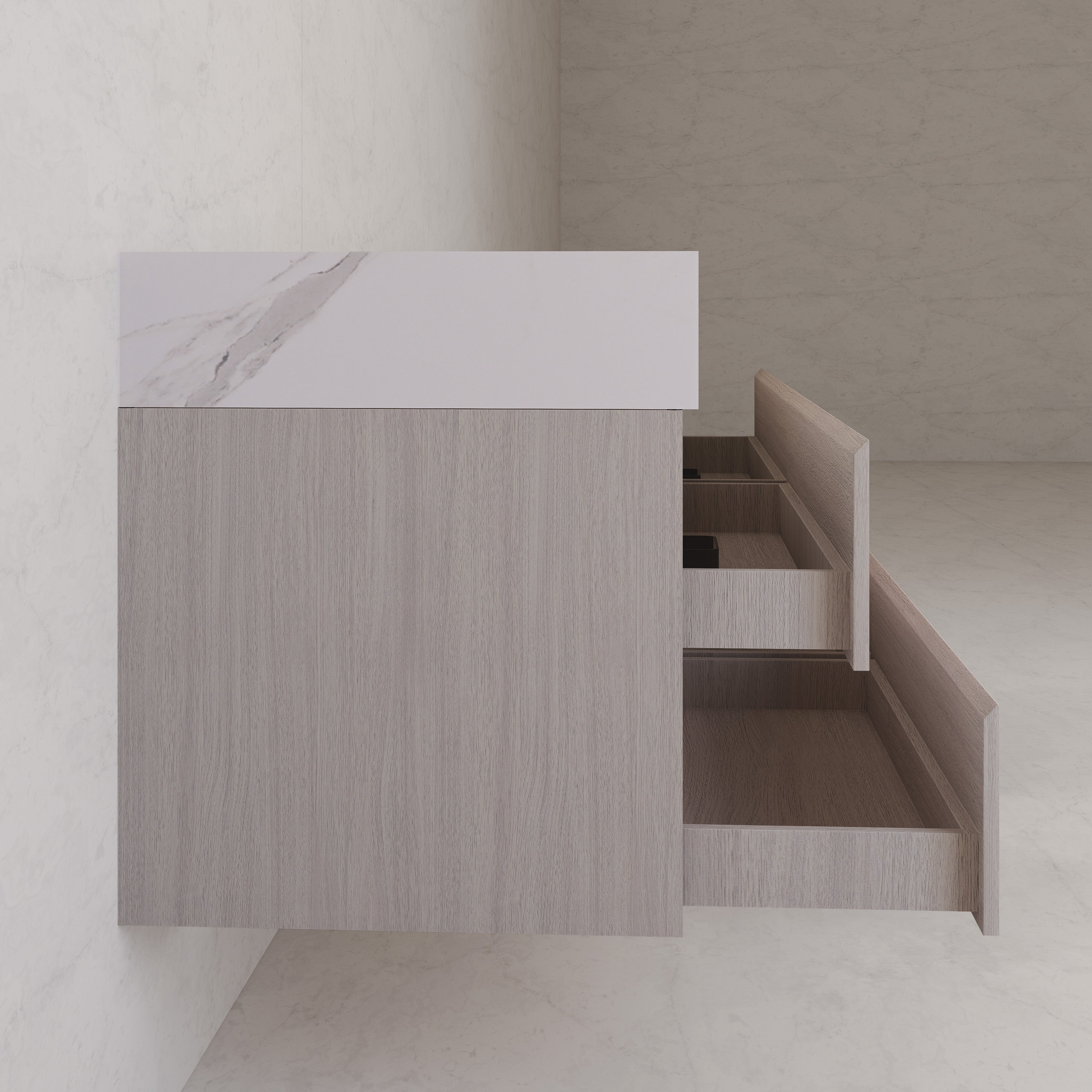 71"，60" White Grey Oak Double Sink Sintered Stone Top with Floating Bathroom Vanity