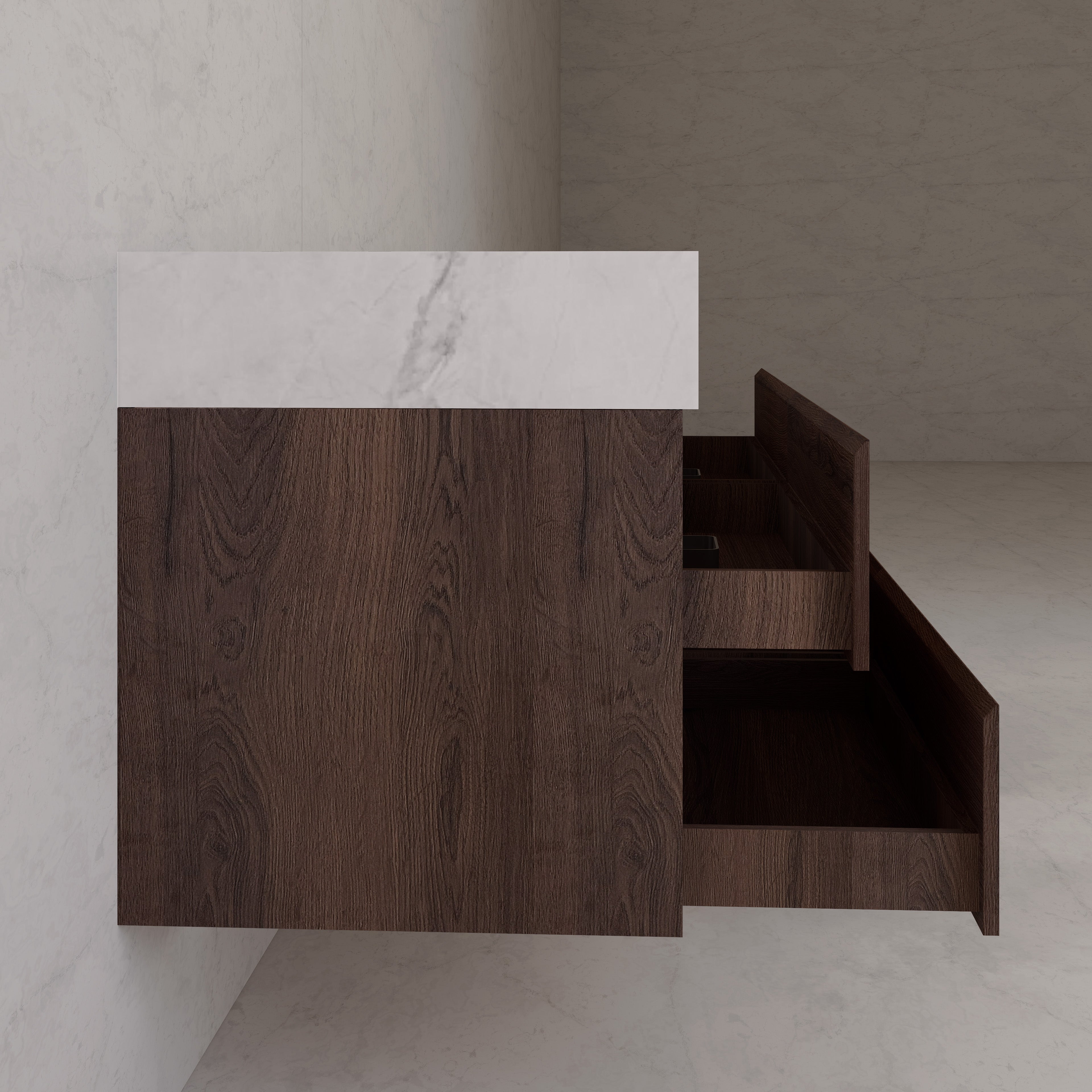 71"，60" Walnut Double Sink Sintered Stone Top with Elegant Floating Bathroom Vanity