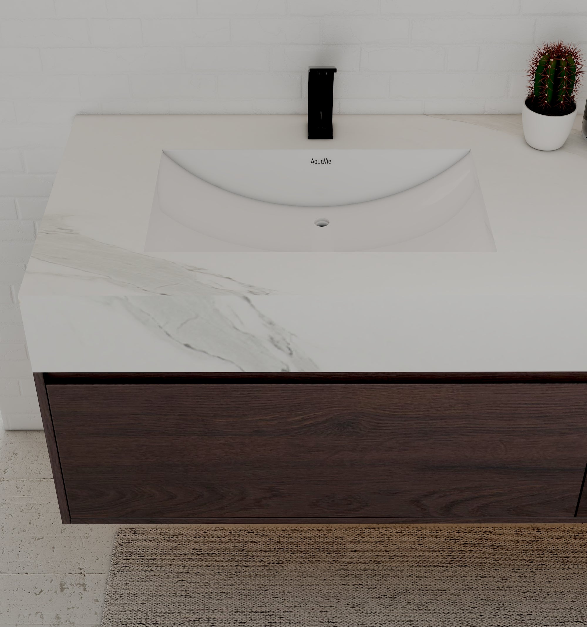 48", 60" Walnut Sintered Stone Top with Double Drawer Floating Bathroom Vanity