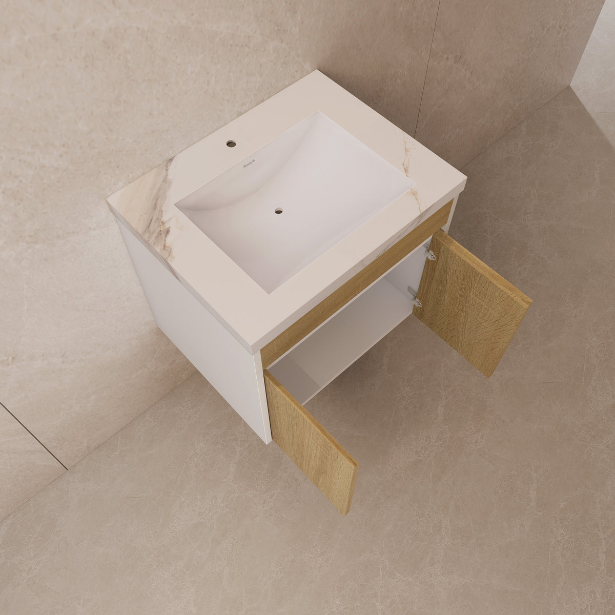 24" Floating Bathroom Vanity — Sintered Stone Top with Seamless Ceramic Sink, Oak & White