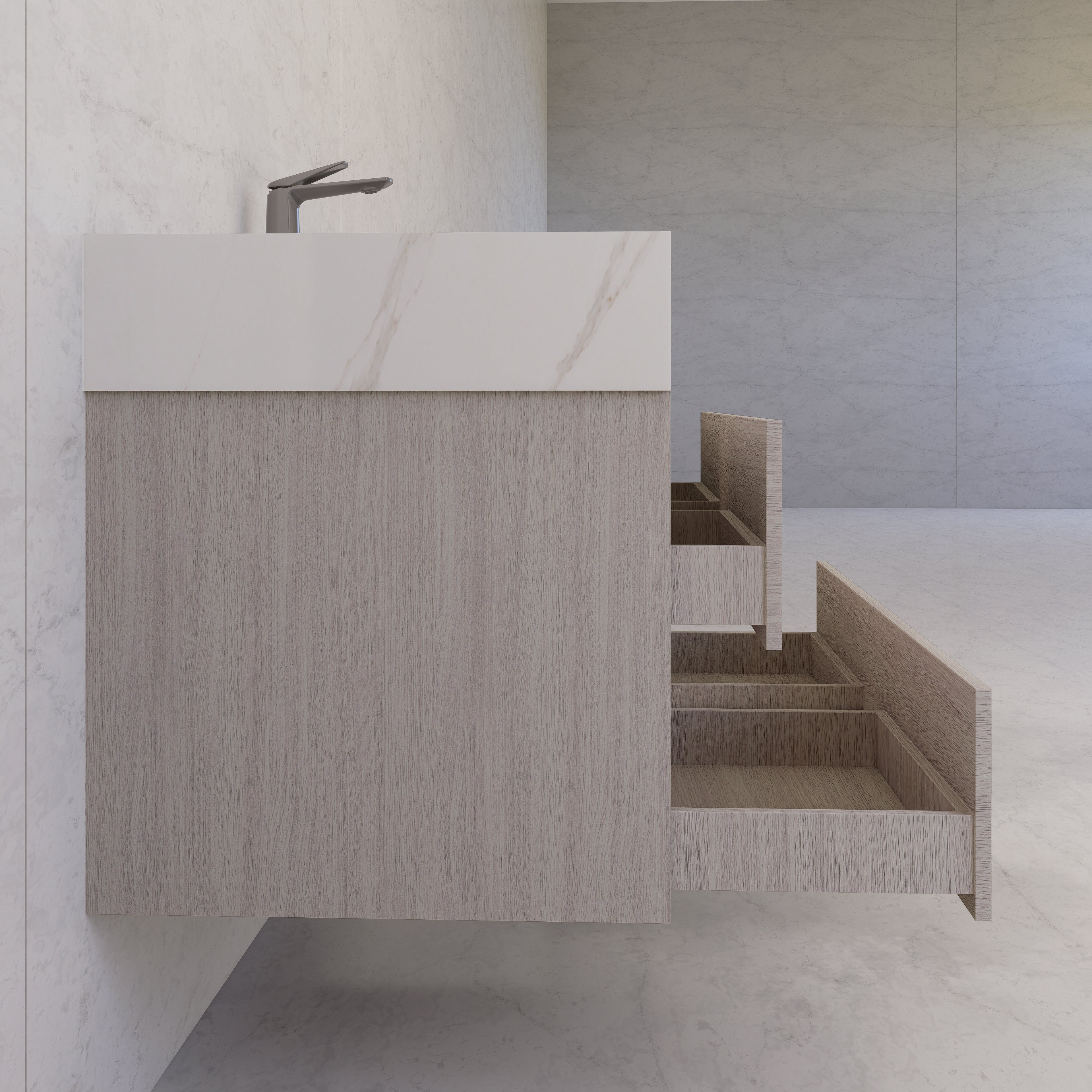 48"，60" White Grey Sintered Stone Top With Four Drawer Floating Bathroom Vanity