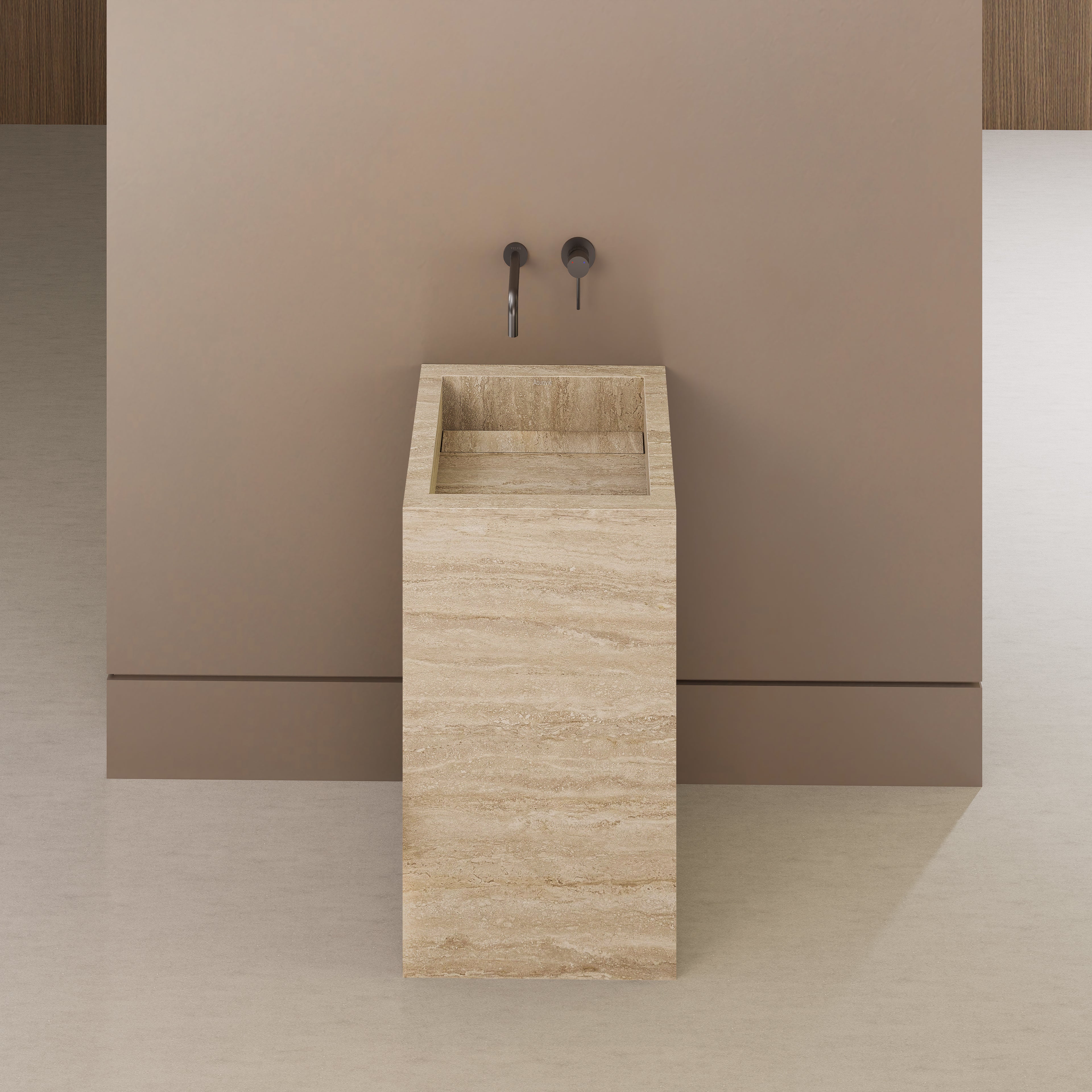 Monolithic Freestanding Pedestal Sink | Natural Travertine Sintered Stone Ramp Basin