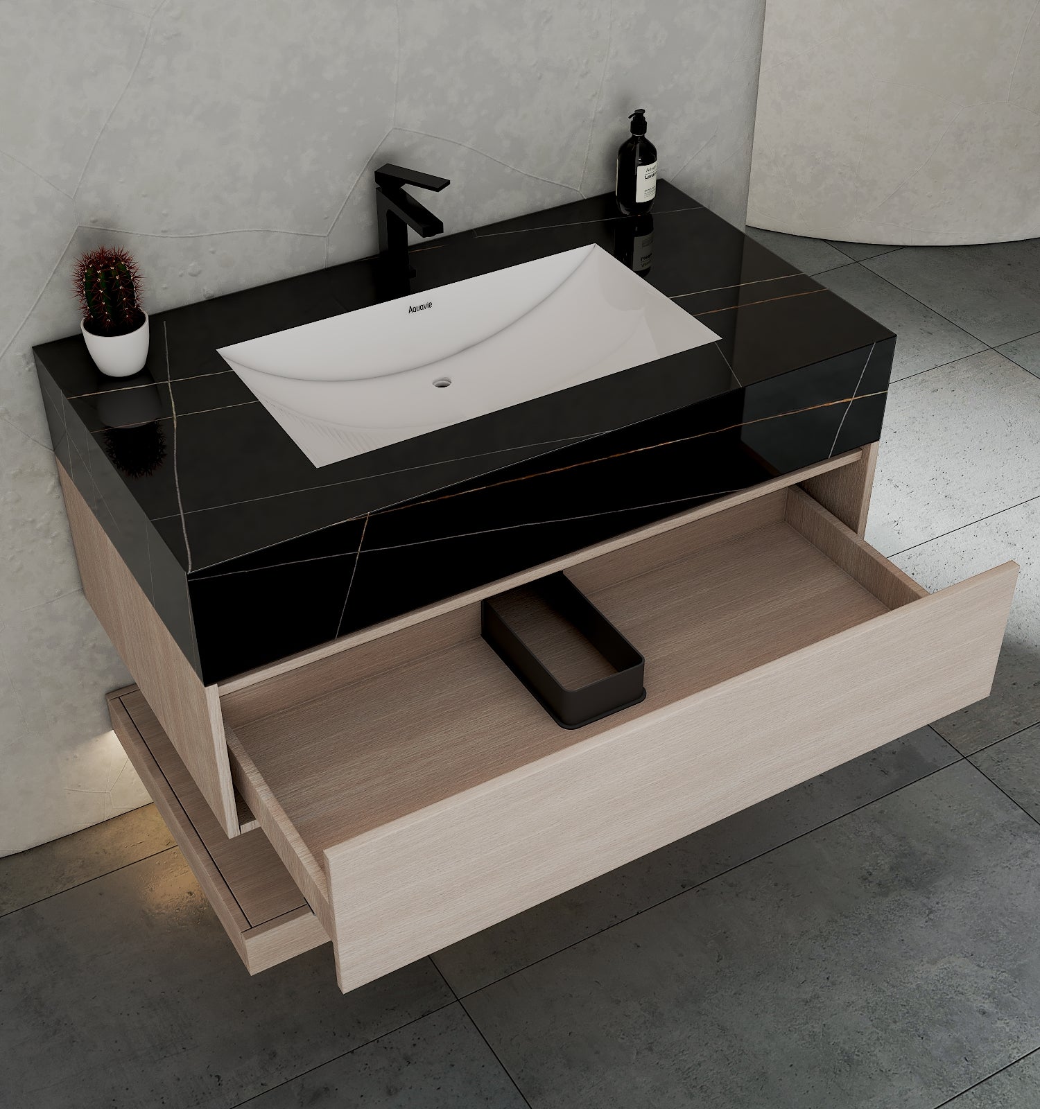 32", 36", 40" White Grey Oak Hotel-Style Floating Bathroom Vanity With Sintered Stone Top with