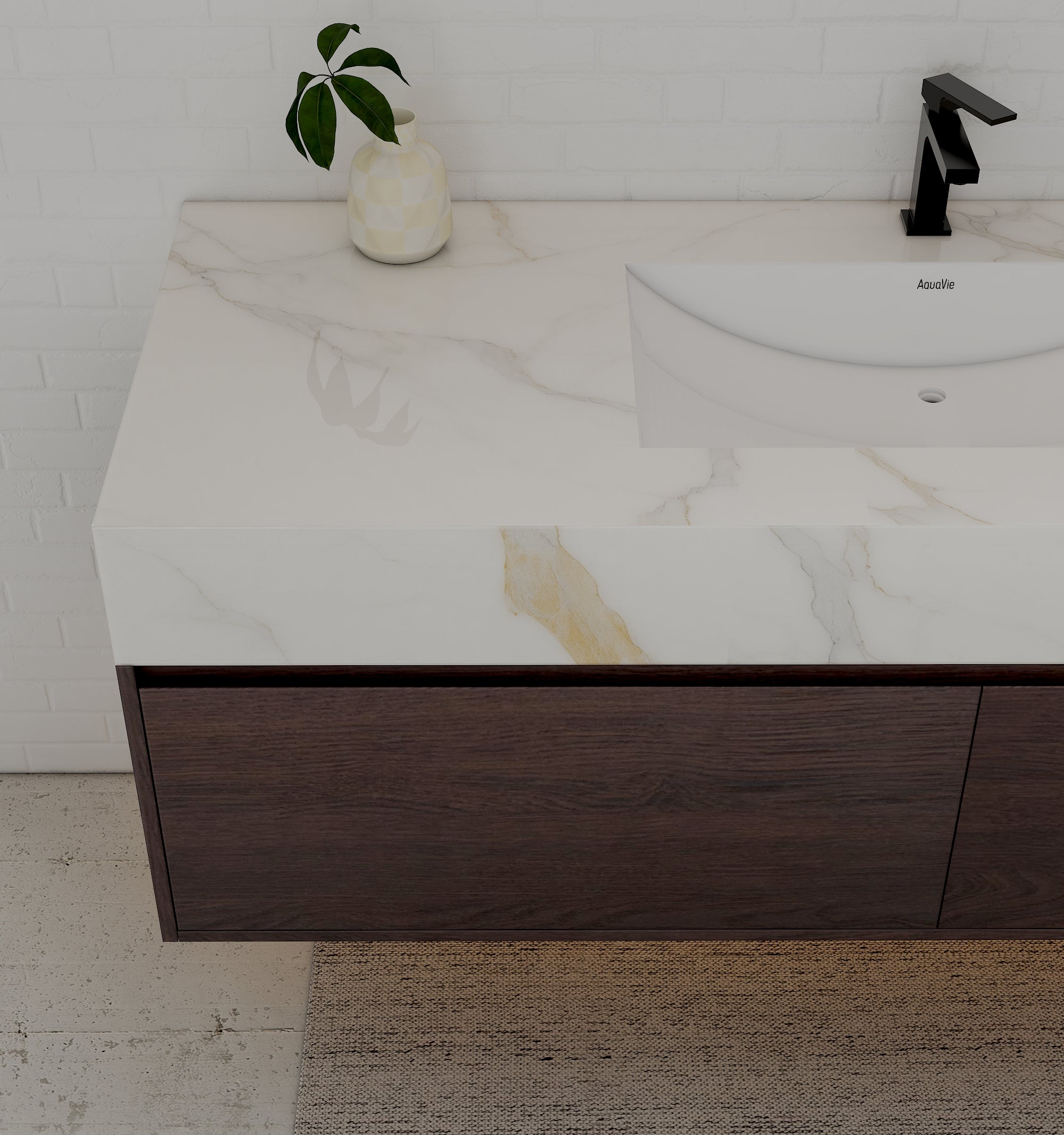 48", 60" Walnut Sintered Stone Top with Double Drawer Floating Bathroom Vanity