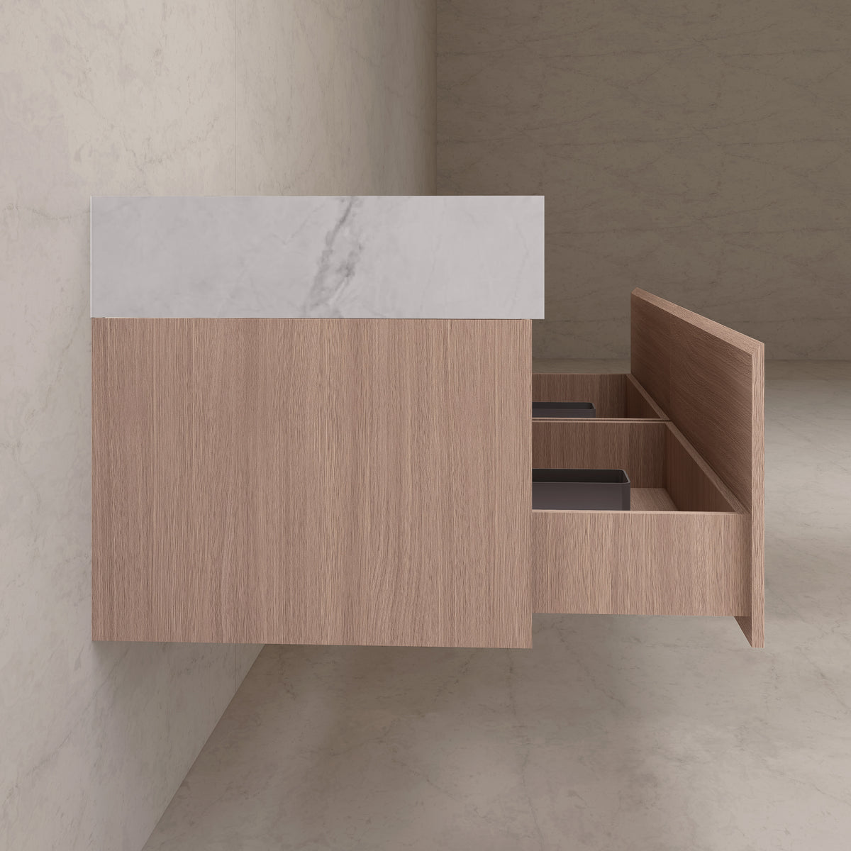 Meuble-lavabo suspendu double de 60 po / 71 po en chêne fumé avec dessus en pierre