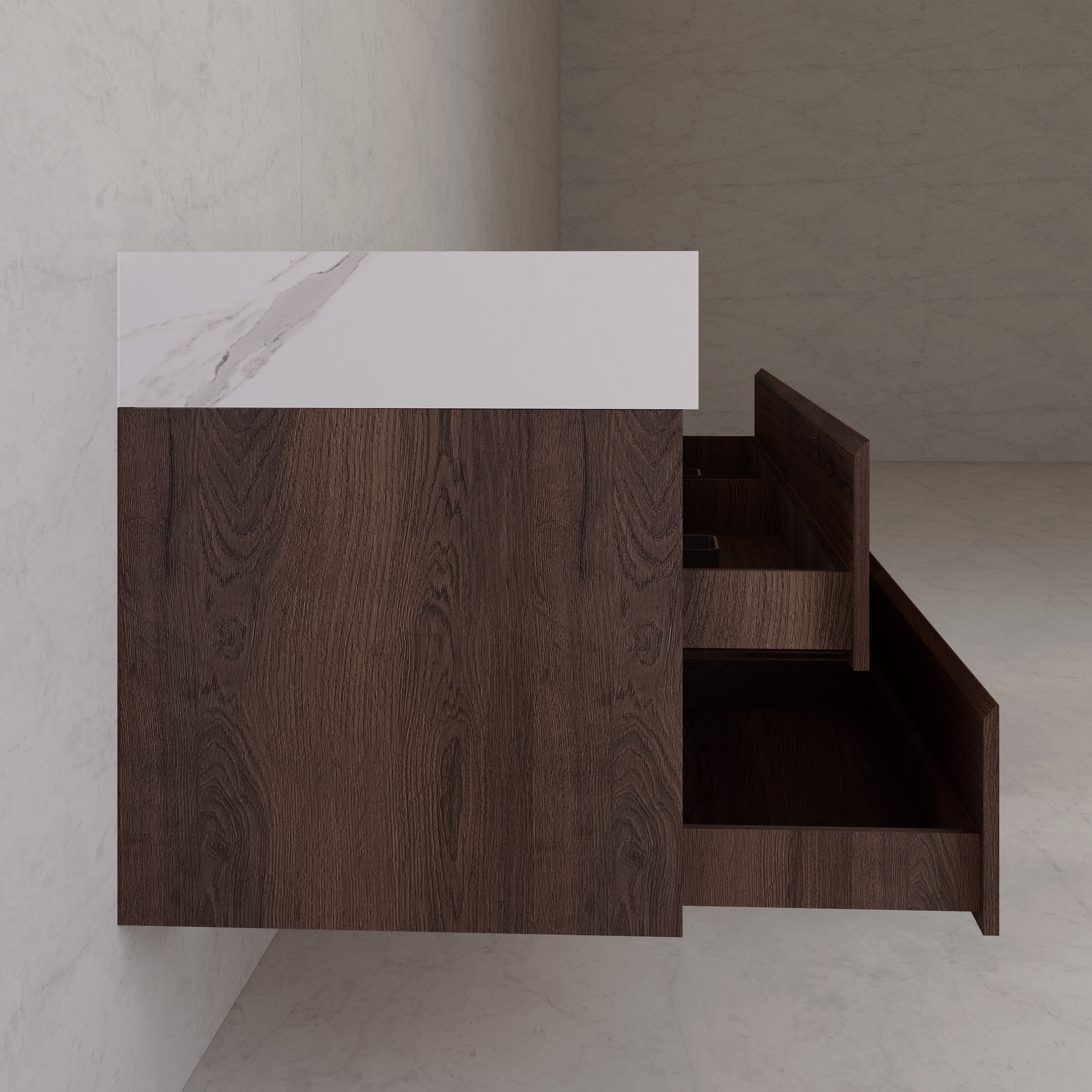 71"，60" Walnut Double Sink Sintered Stone Top with Elegant Floating Bathroom Vanity