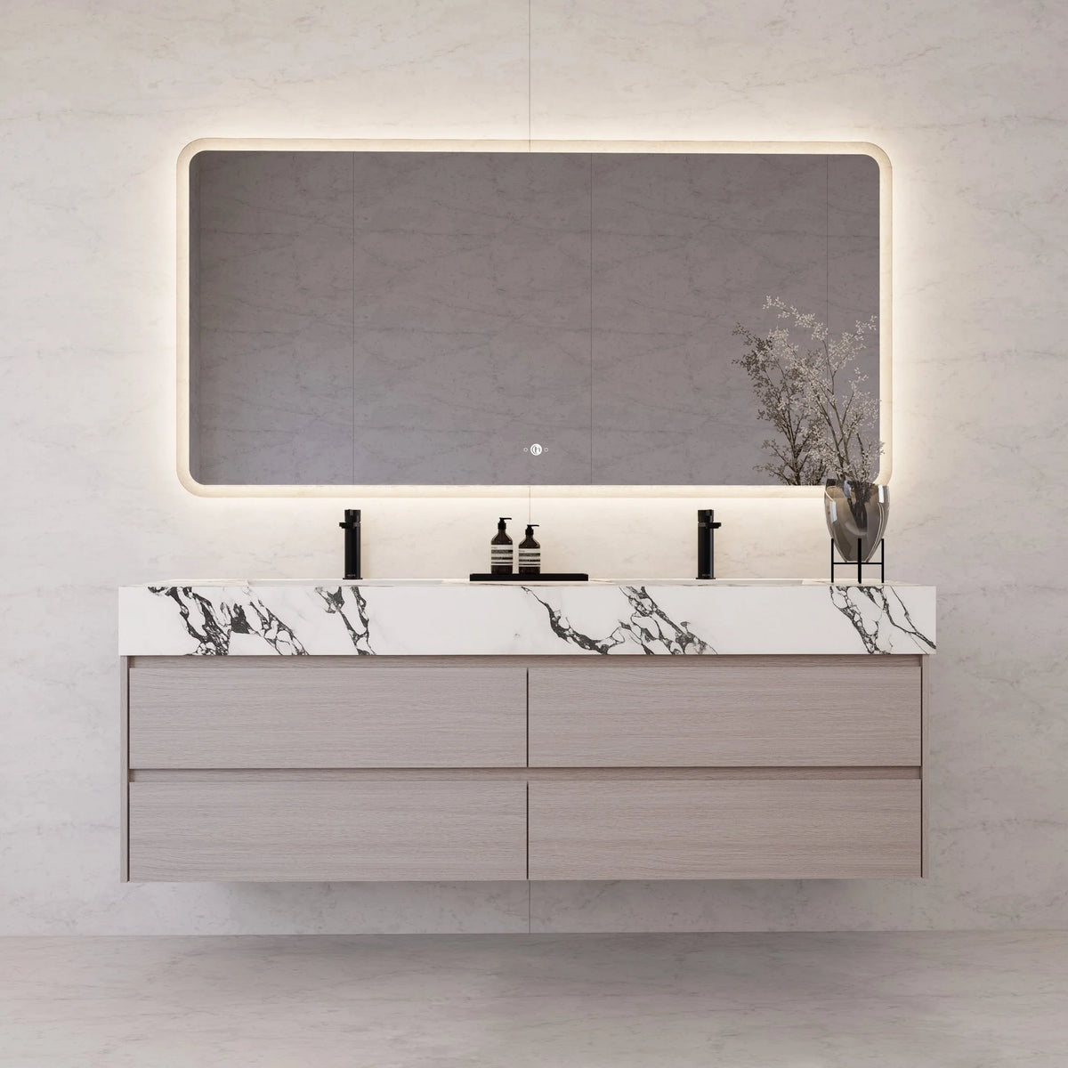 71"，60" Walnut Double Sink Sintered Stone Top with Elegant Floating Bathroom Vanity