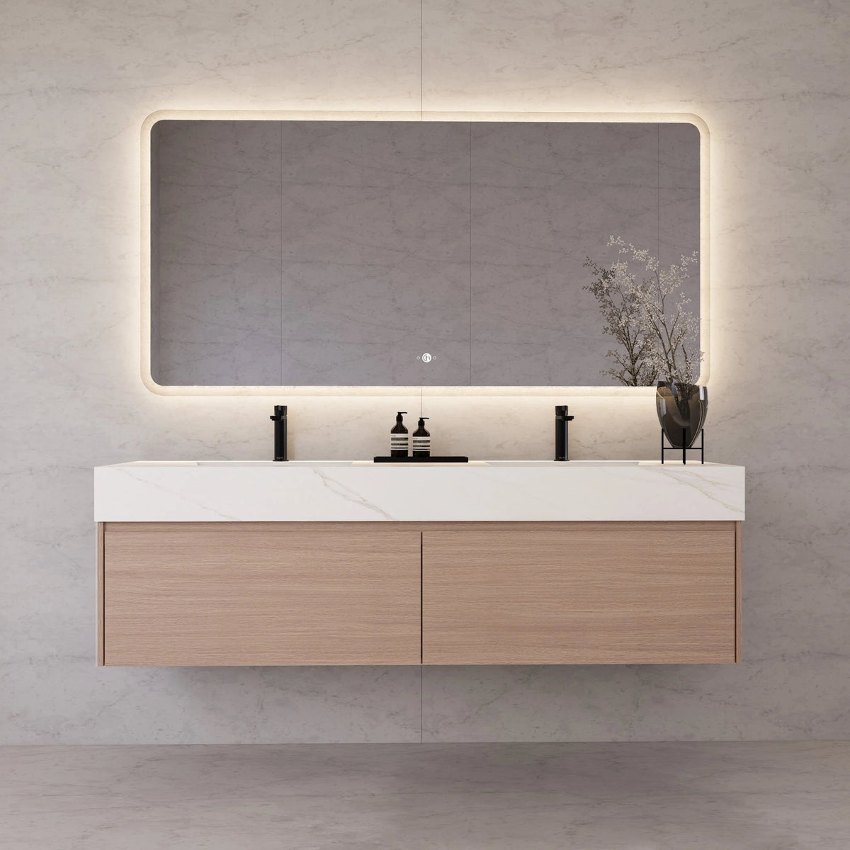 60"/ 71" Nature Oak Double Sink Stone Top with Single Floating Bathroom Vanity