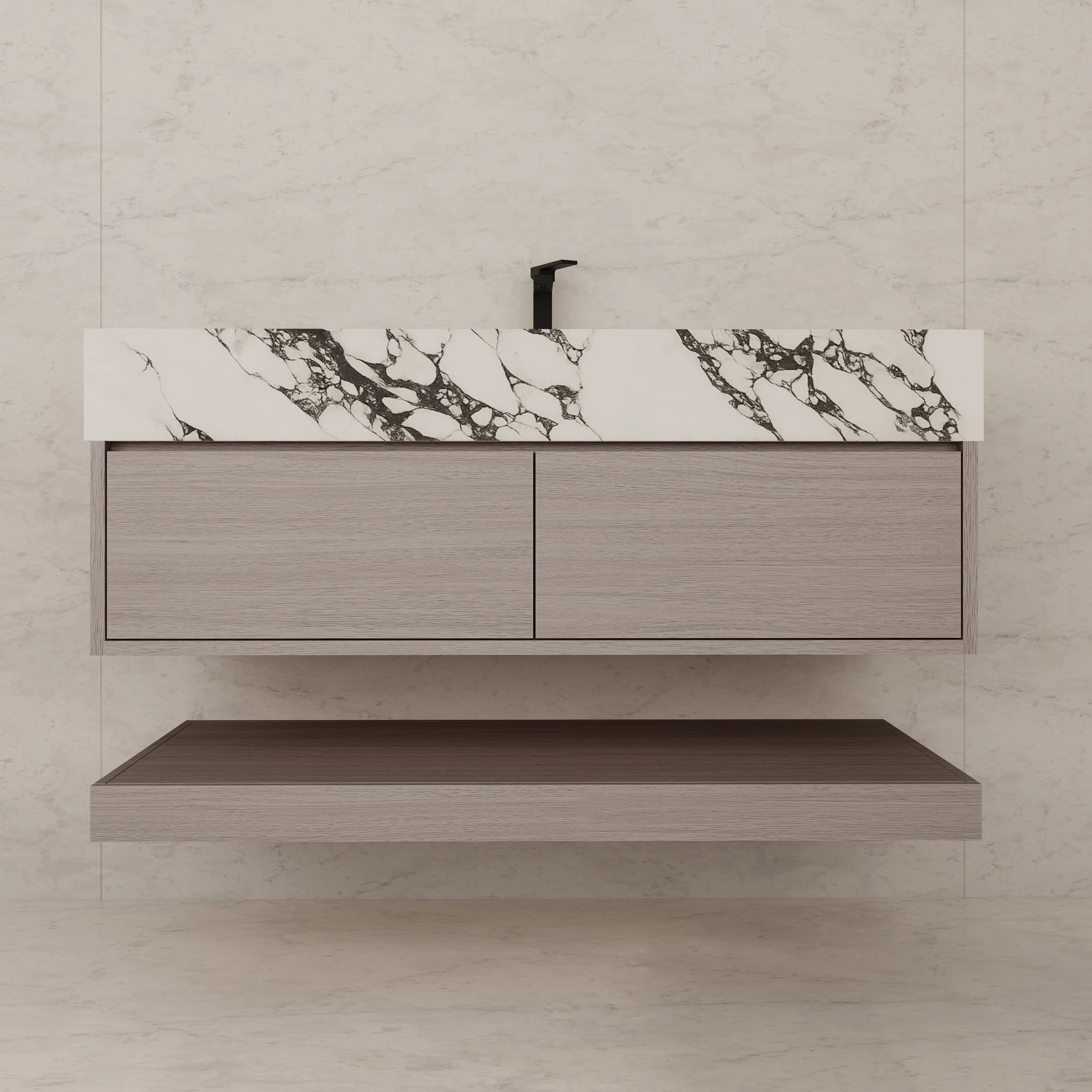 48"/ 60" White Grey Oak Open Shelf Floating Bathroom Vanity