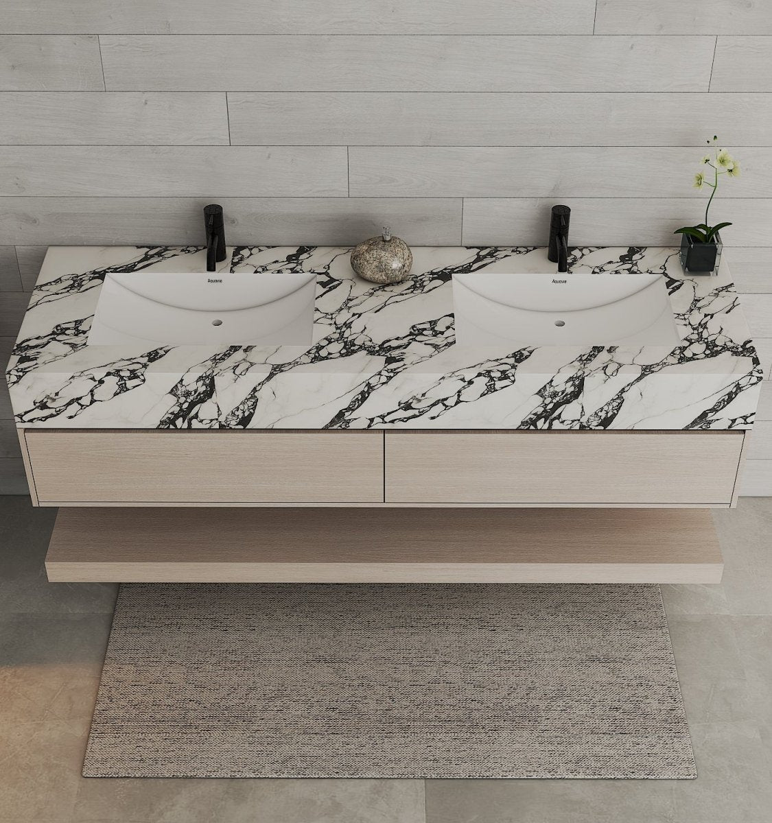 71" Ash Grey Oak Double Sink Stone Top Open Shelf Floating Bathroom Vanity - VanityAsh Grey Oak NeoNova Decor