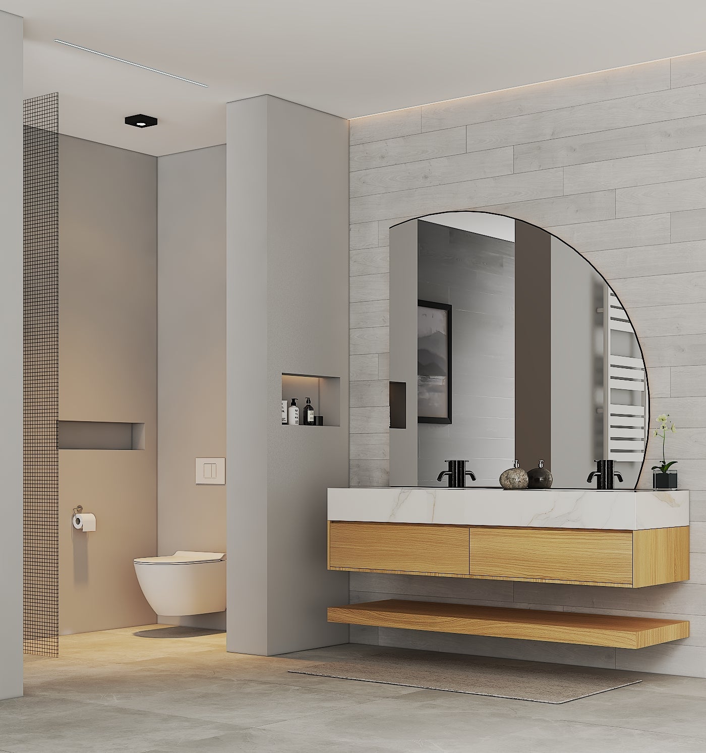 71" Ash Grey Oak Double Sink Stone Top Open Shelf Floating Bathroom Vanity - VanityAsh Grey Oak
