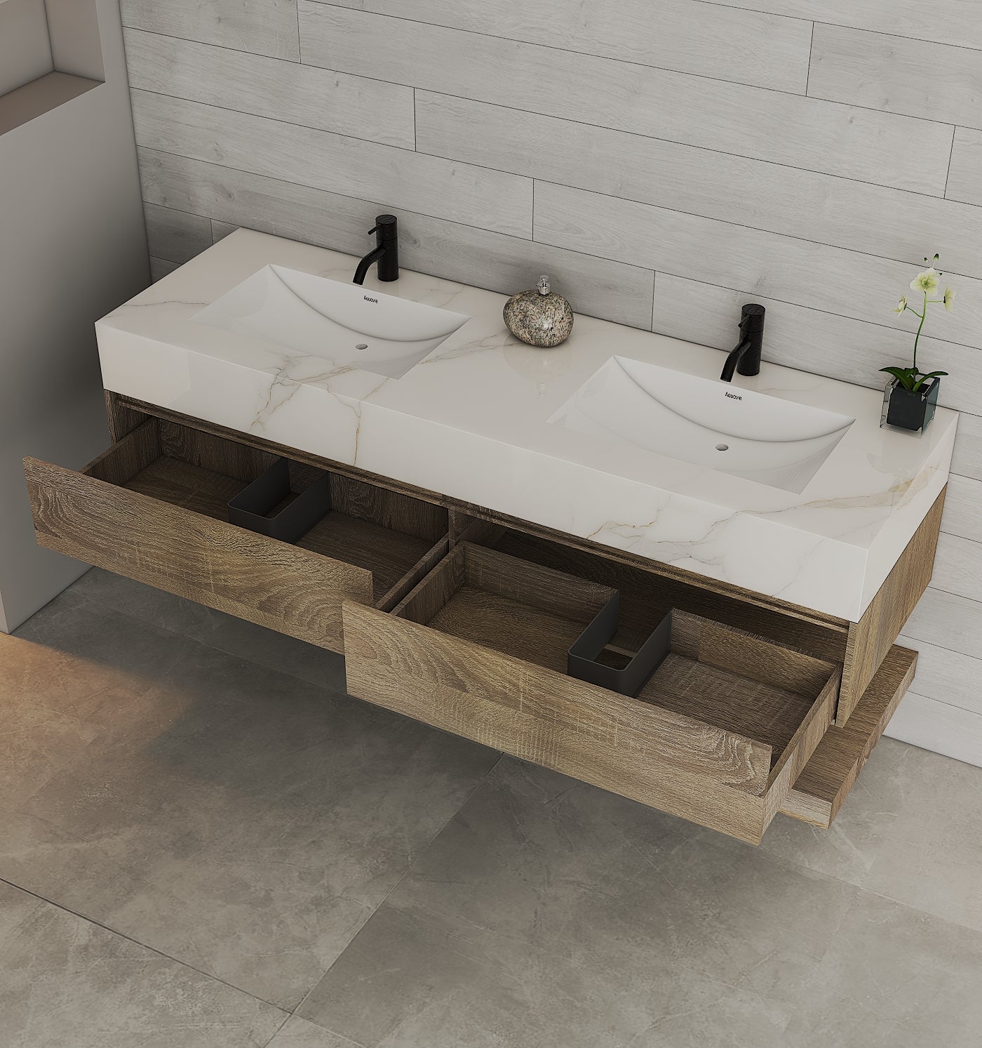 71" Ash Grey Oak Double Sink Stone Top Open Shelf Floating Bathroom Vanity - VanityAsh Grey Oak