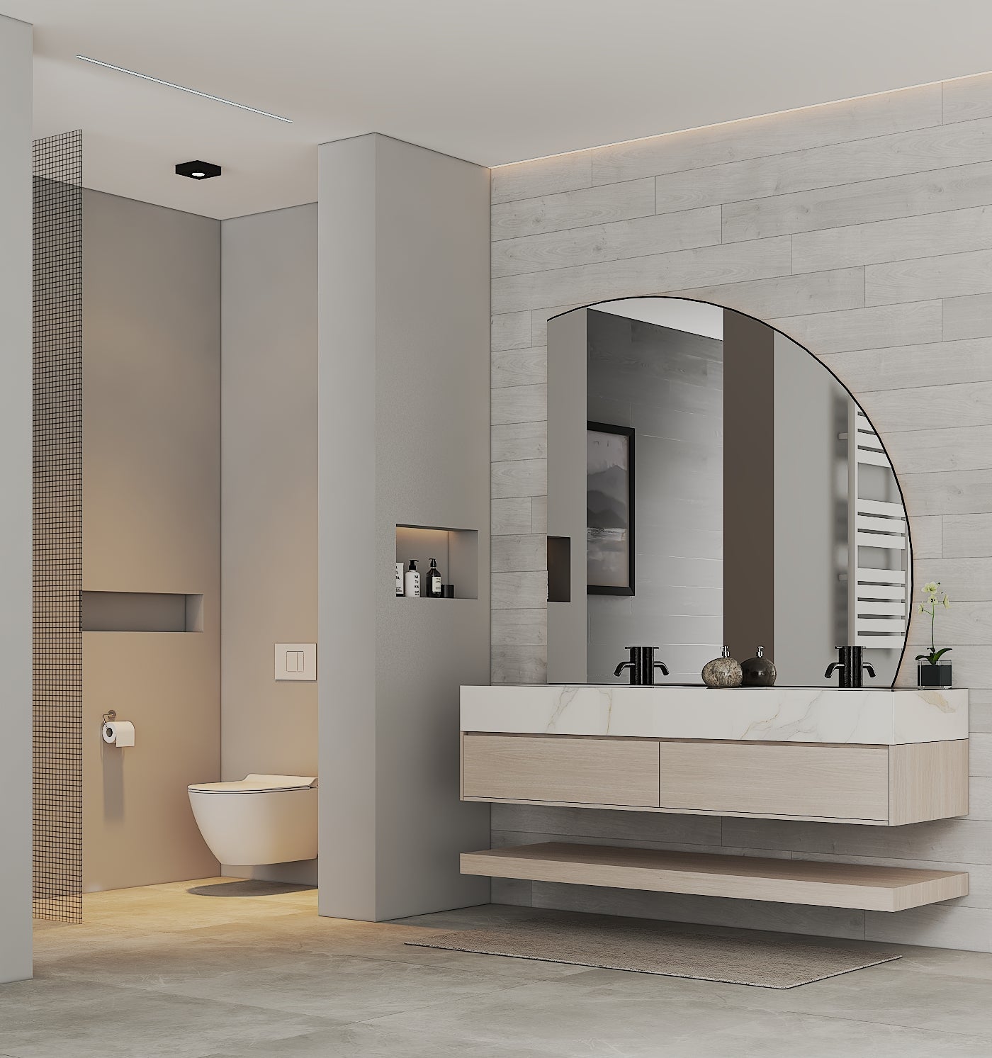 71" Ash Grey Oak Double Sink Stone Top Open Shelf Floating Bathroom Vanity - VanityAsh Grey Oak