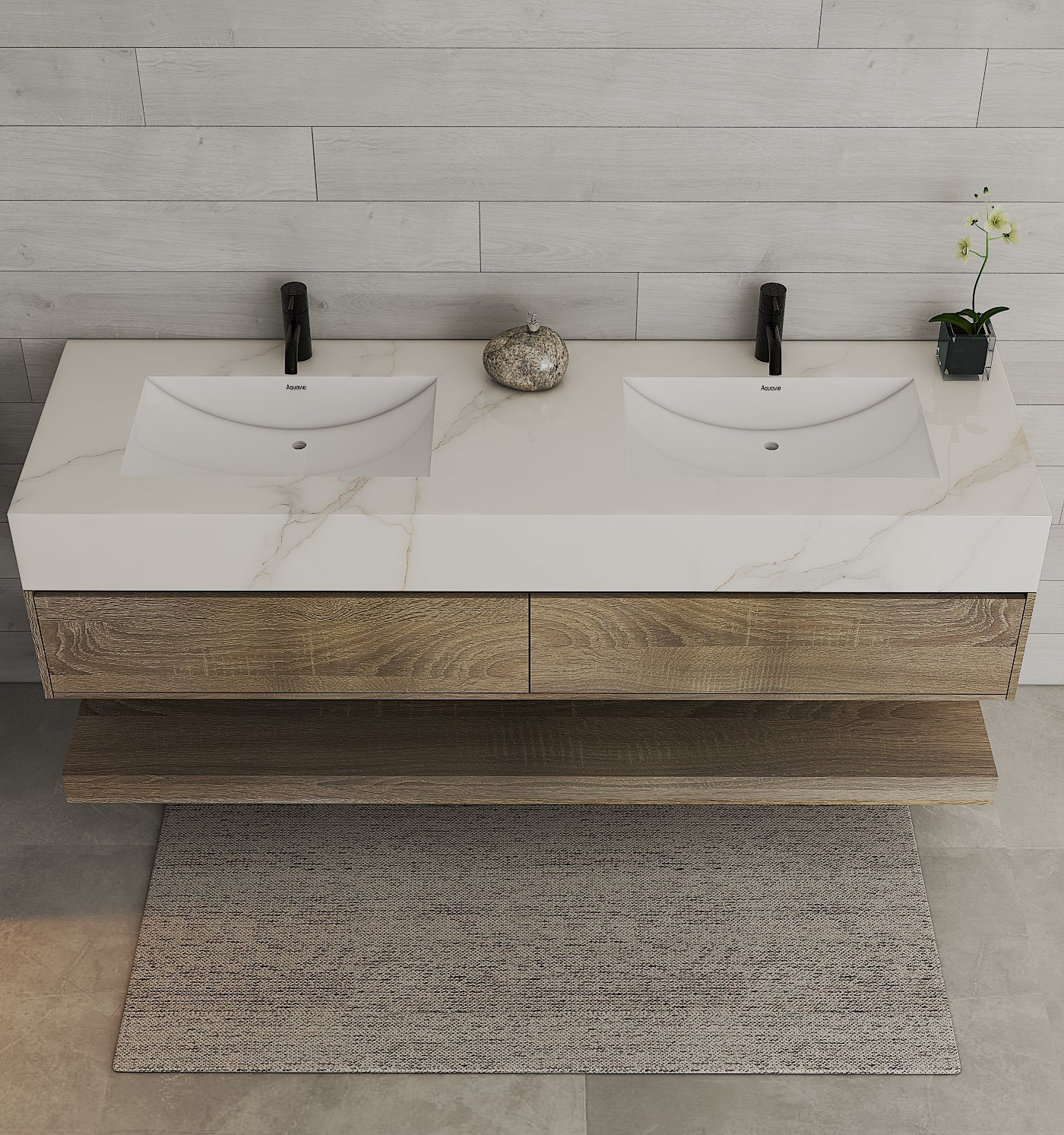 71" Ash Grey Oak Double Sink Stone Top Open Shelf Floating Bathroom Vanity - VanityAsh Grey Oak