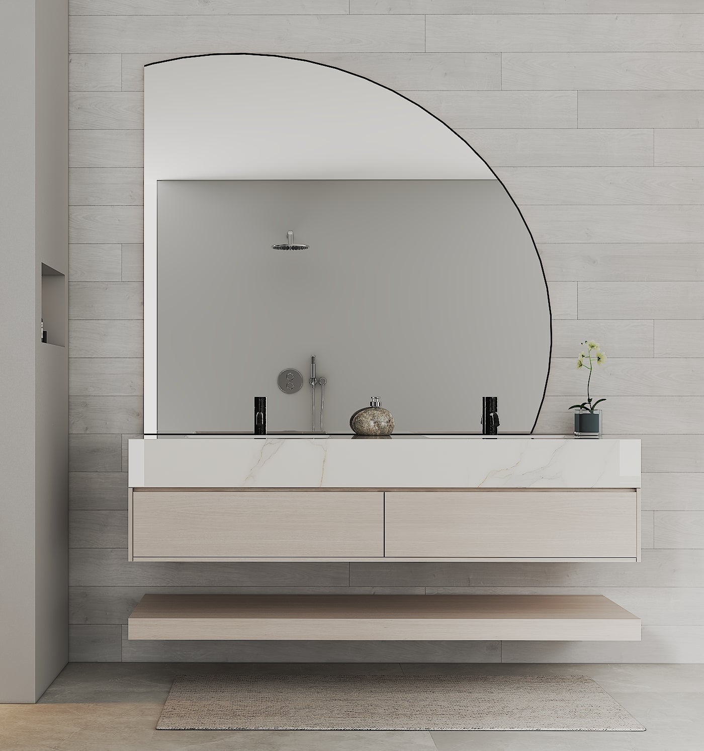 71" Ash Grey Oak Double Sink Stone Top Open Shelf Floating Bathroom Vanity - VanityAsh Grey Oak