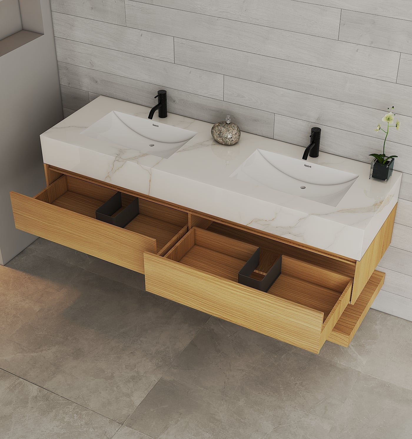 71" Ash Grey Oak Double Sink Stone Top Open Shelf Floating Bathroom Vanity - VanityAsh Grey Oak