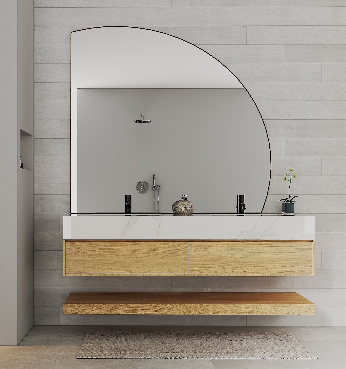 71" Ash Grey Oak Double Sink Stone Top Open Shelf Floating Bathroom Vanity - VanityAsh Grey Oak