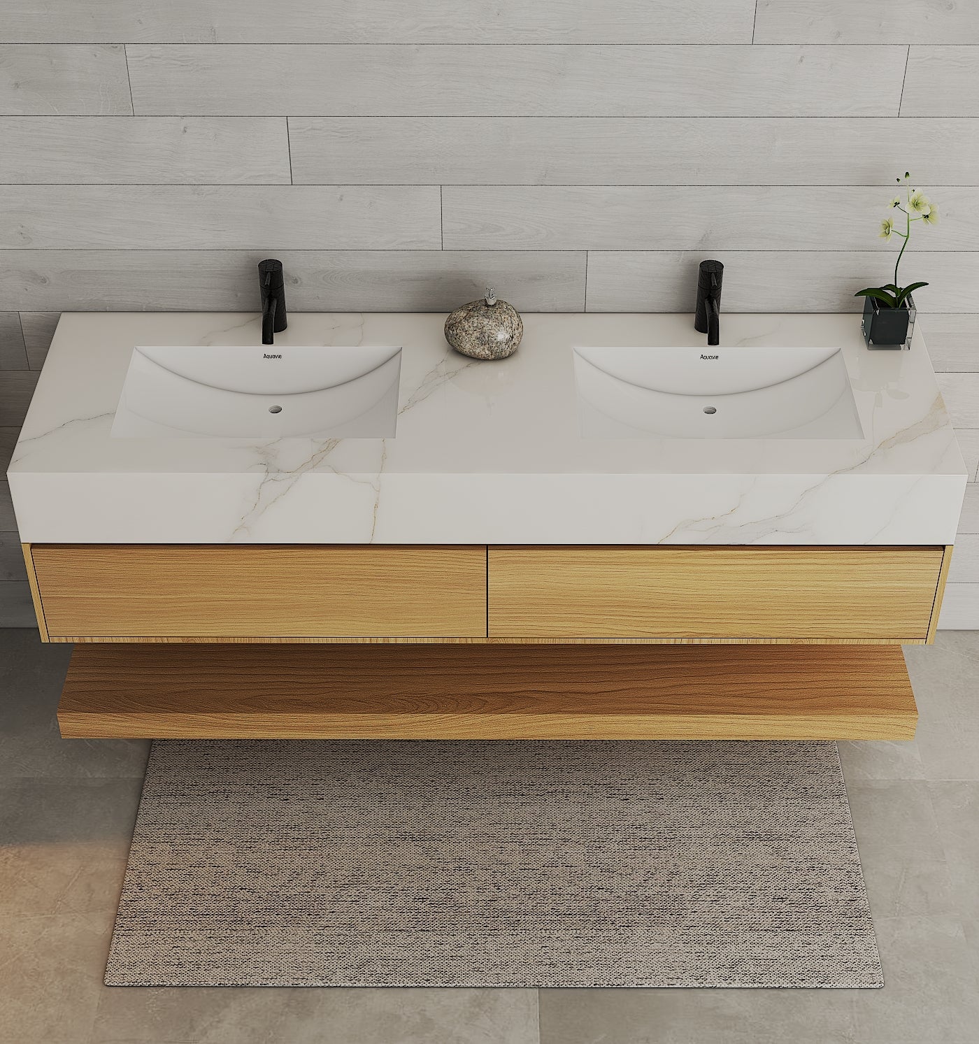 71" Ash Grey Oak Double Sink Stone Top Open Shelf Floating Bathroom Vanity - VanityAsh Grey Oak
