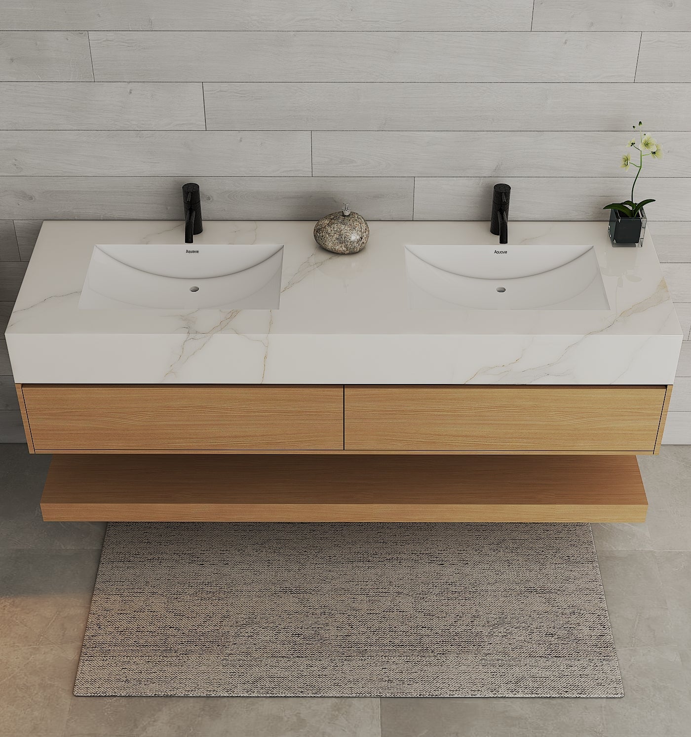 71" Ash Grey Oak Double Sink Stone Top Open Shelf Floating Bathroom Vanity - VanityAsh Grey Oak