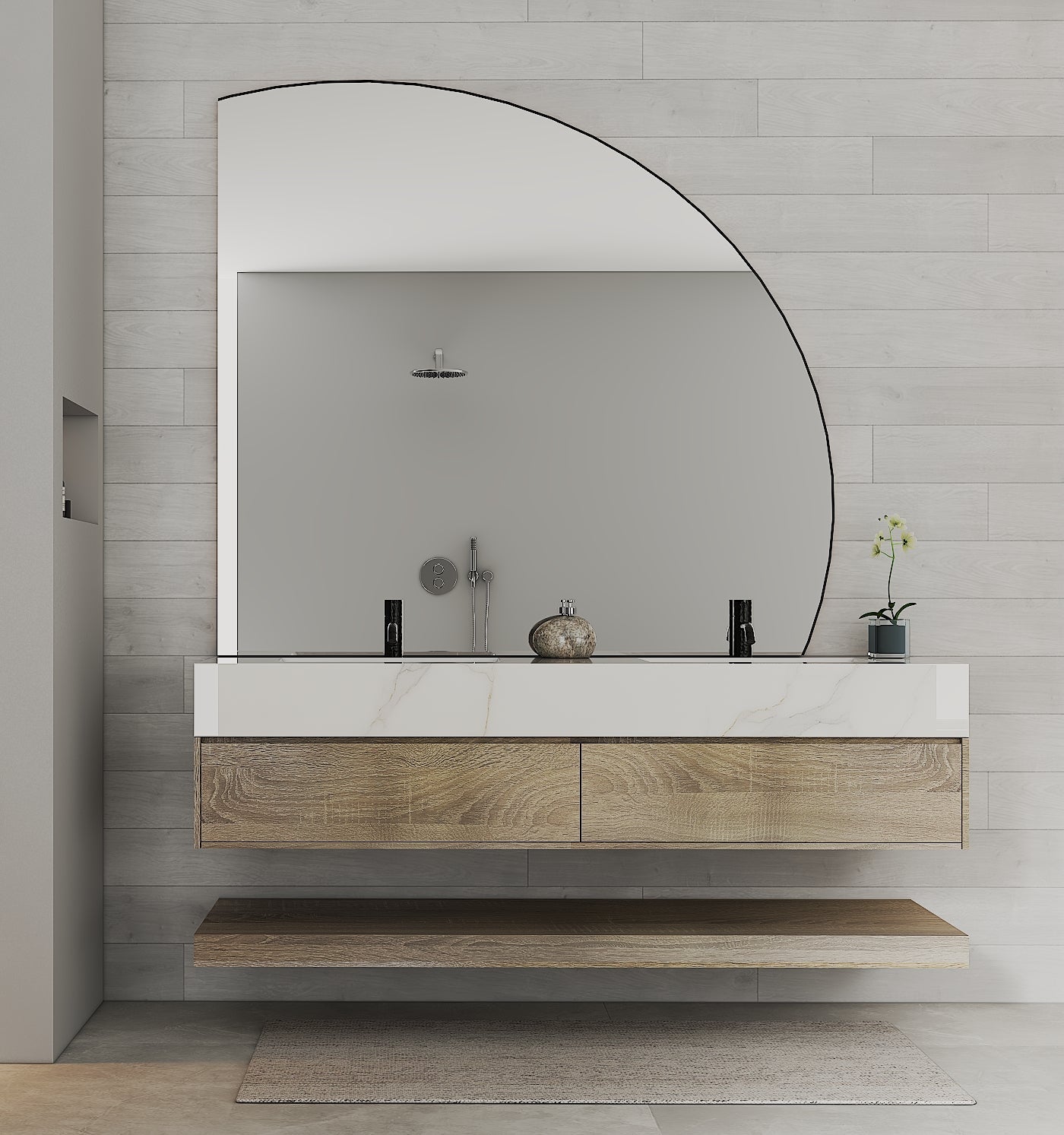 71" Ash Grey Oak Double Sink Stone Top Open Shelf Floating Bathroom Vanity - VanityAsh Grey Oak