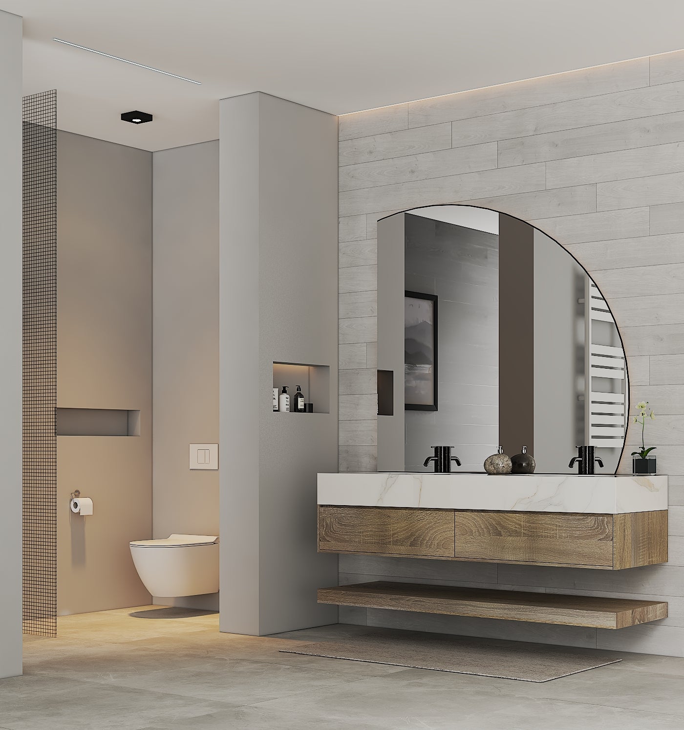 71" Ash Grey Oak Double Sink Stone Top Open Shelf Floating Bathroom Vanity - VanityAsh Grey Oak