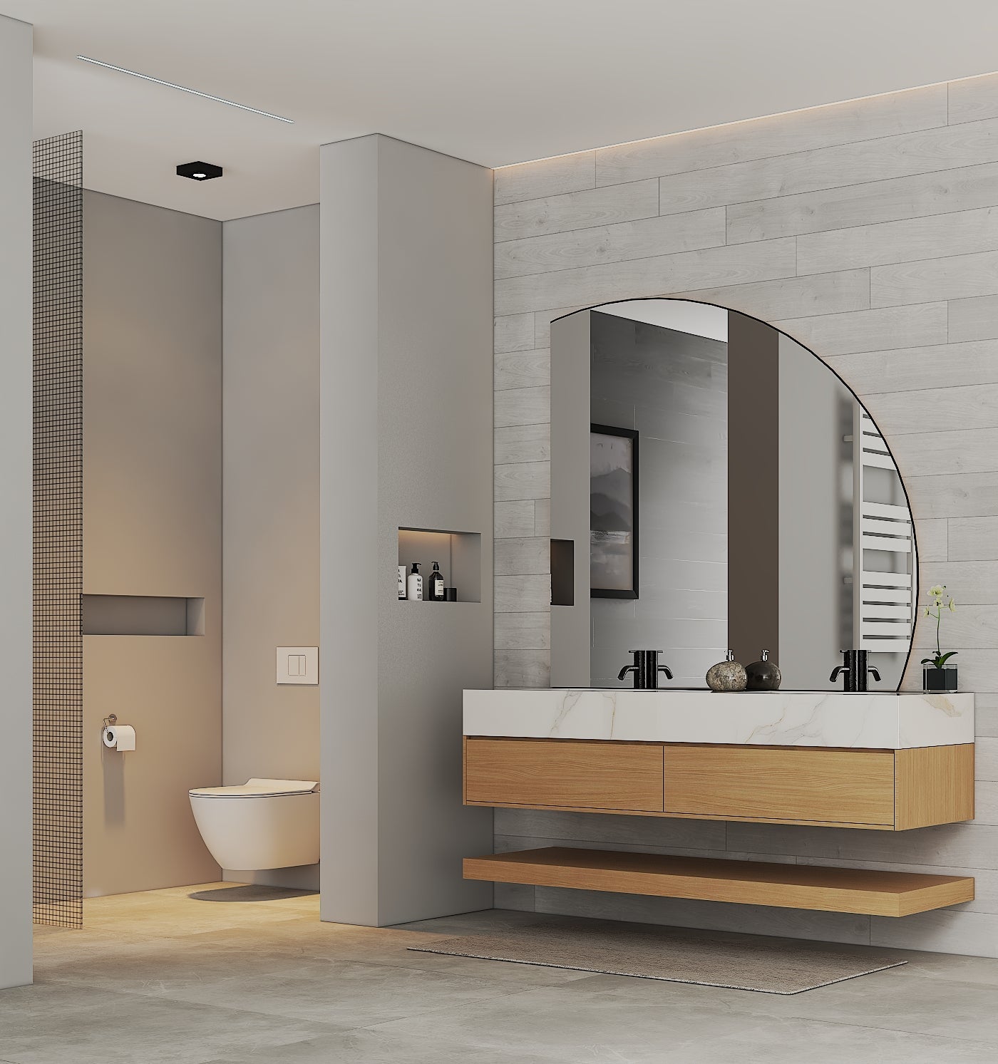 71" Ash Grey Oak Double Sink Stone Top Open Shelf Floating Bathroom Vanity - VanityAsh Grey Oak