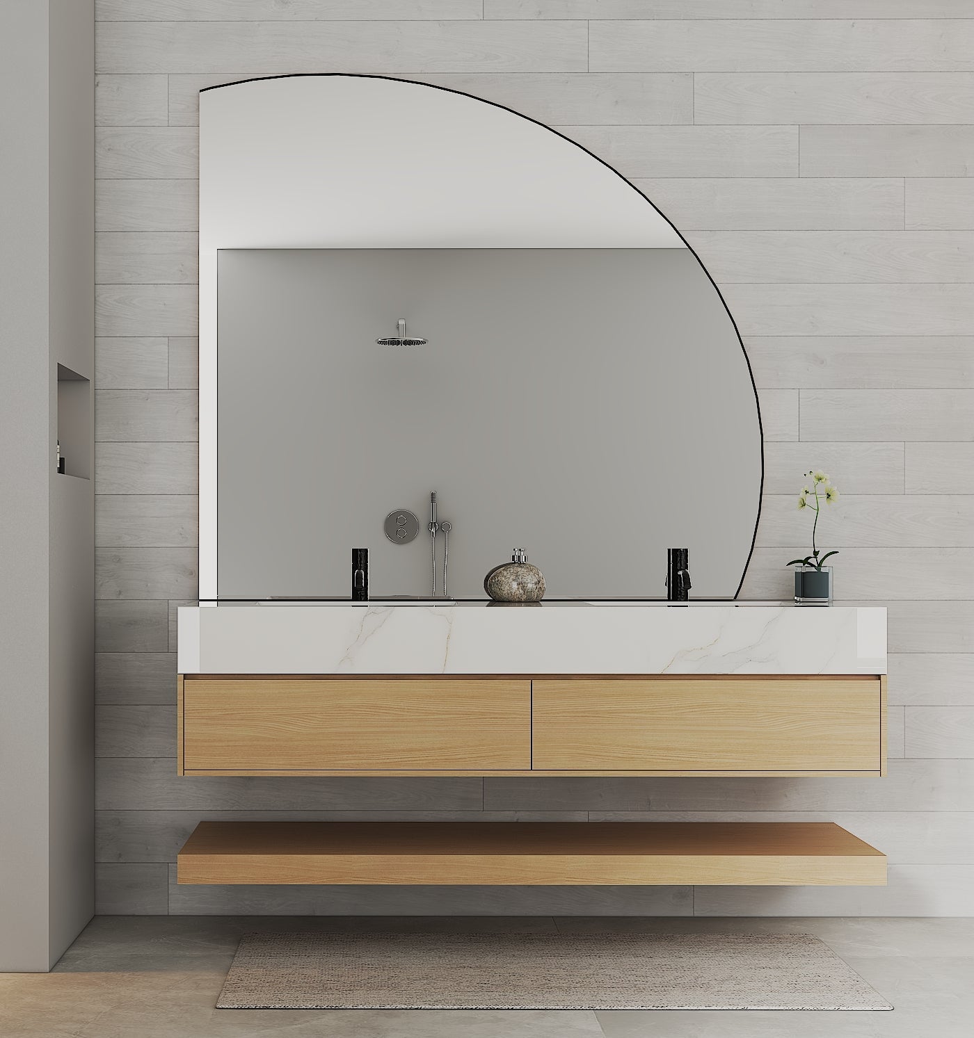 71" Ash Grey Oak Double Sink Stone Top Open Shelf Floating Bathroom Vanity - VanityAsh Grey Oak