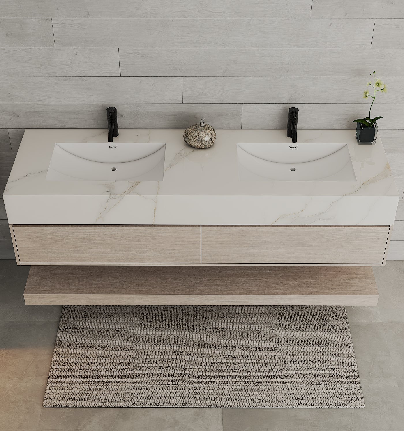 71" Ash Grey Oak Double Sink Stone Top Open Shelf Floating Bathroom Vanity - VanityAsh Grey Oak