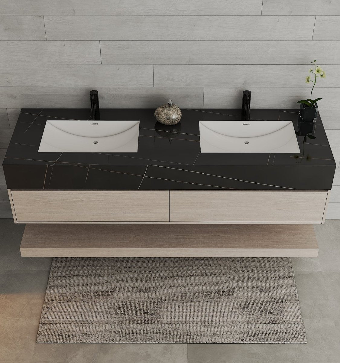 71" Ash Grey Oak Double Sink Stone Top Open Shelf Floating Bathroom Vanity - VanityAsh Grey Oak NeoNova Decor