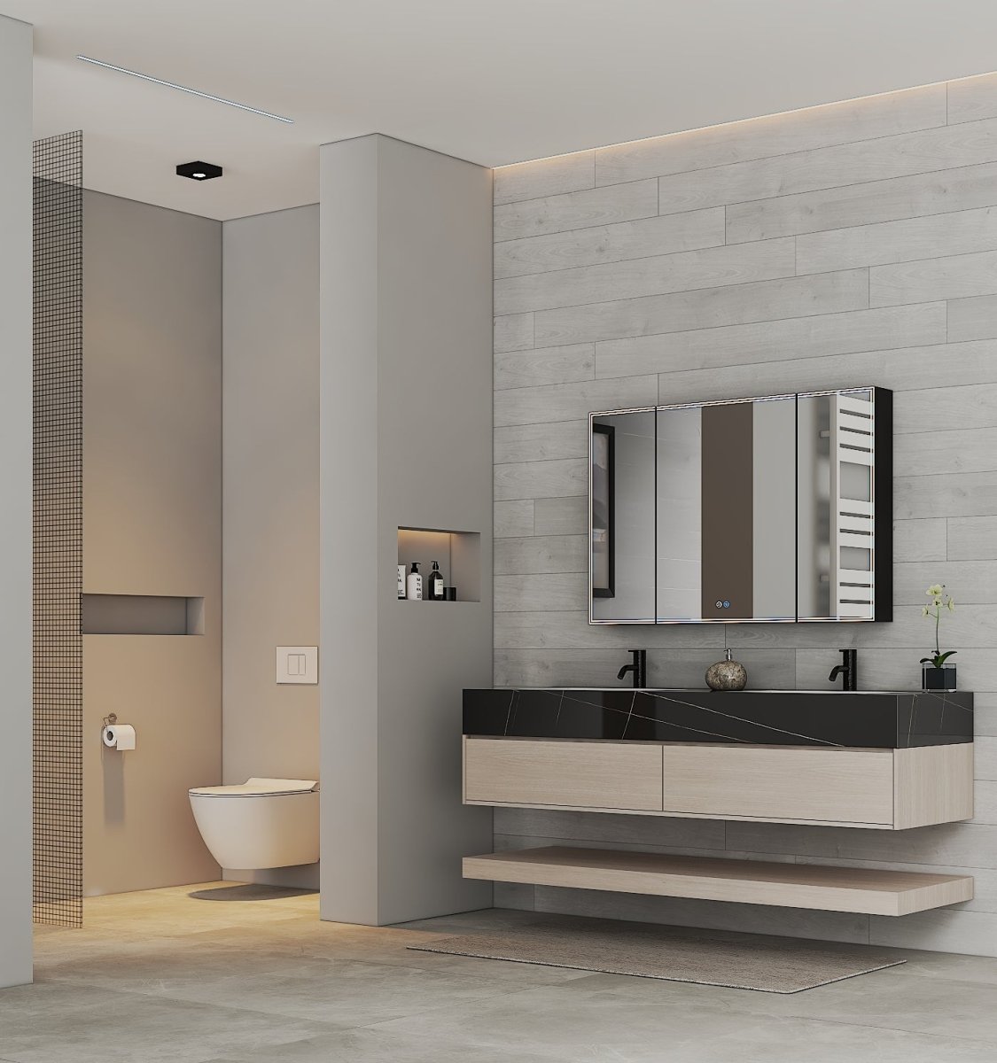 71" Ash Grey Oak Double Sink Stone Top Open Shelf Floating Bathroom Vanity - VanityAsh Grey Oak NeoNova Decor