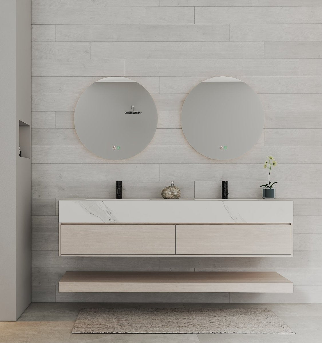 71" Ash Grey Oak Double Sink Stone Top Open Shelf Floating Bathroom Vanity - VanityAsh Grey Oak NeoNova Decor