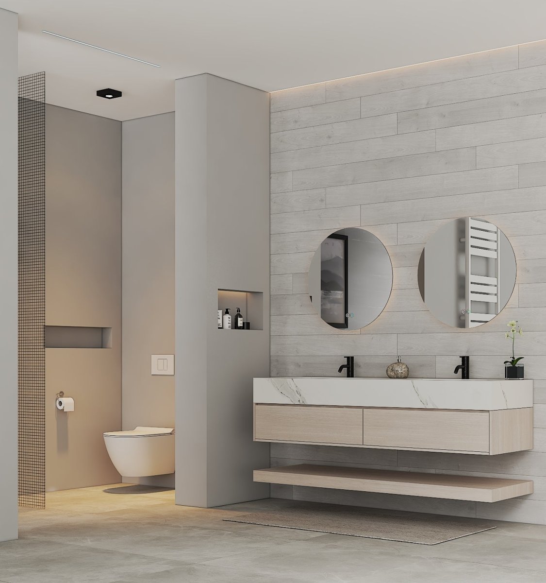 71" Ash Grey Oak Double Sink Stone Top Open Shelf Floating Bathroom Vanity - VanityAsh Grey Oak NeoNova Decor