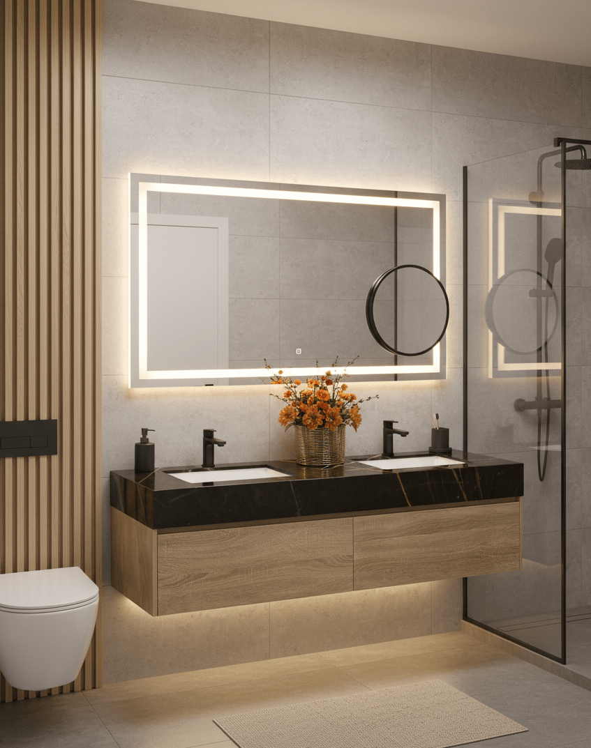71″ Double Sink Bathroom Vanity Oak Wood Floating Cabinet（Floor Model） - VanityBlack Marquina Gold Veins NeoNova Decor