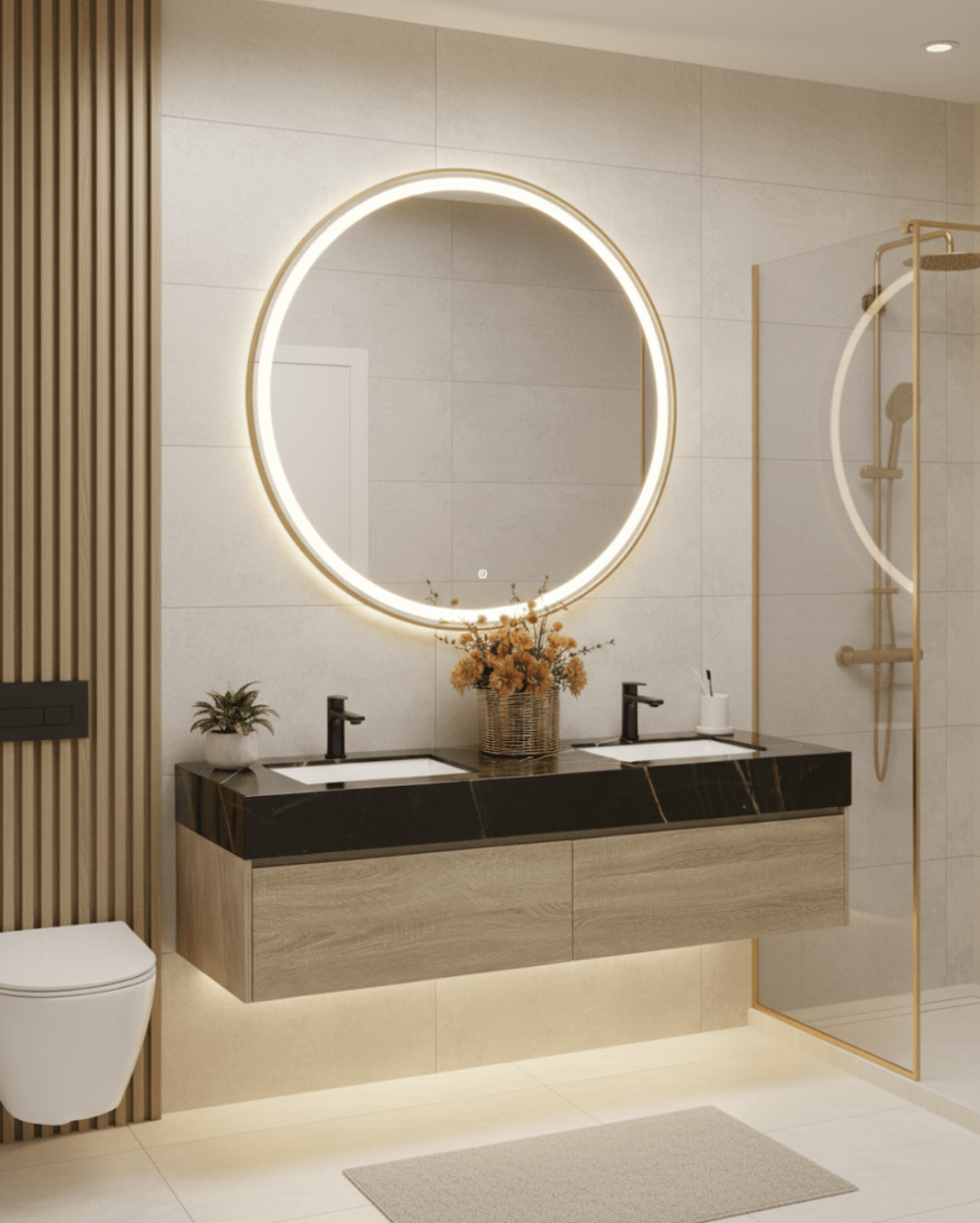 71″ Double Sink Bathroom Vanity Oak Wood Floating Cabinet（Floor Model） - VanityBlack Marquina Gold Veins NeoNova Decor