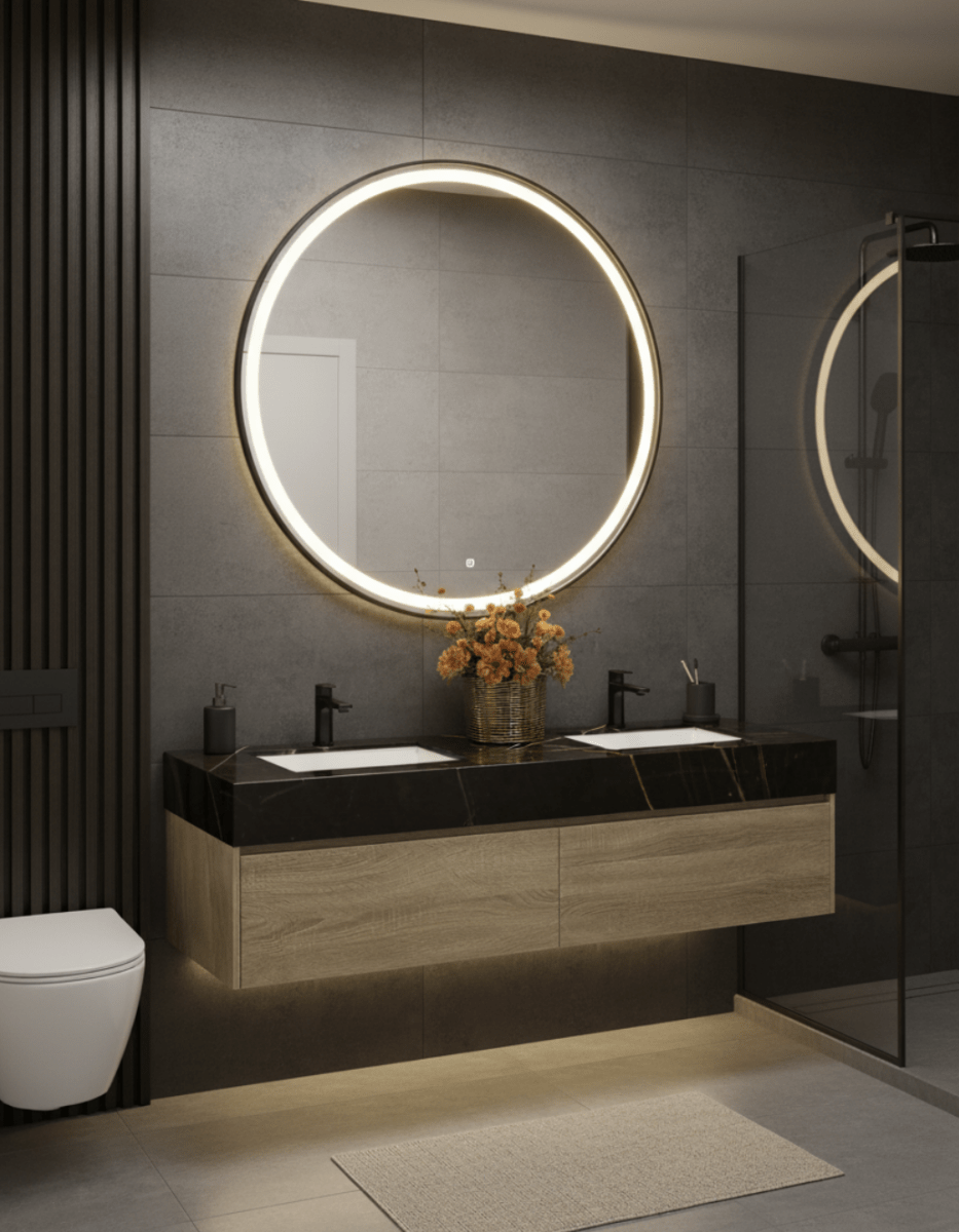 71″ Double Sink Bathroom Vanity Oak Wood Floating Cabinet（Floor Model） - VanityBlack Marquina Gold Veins NeoNova Decor